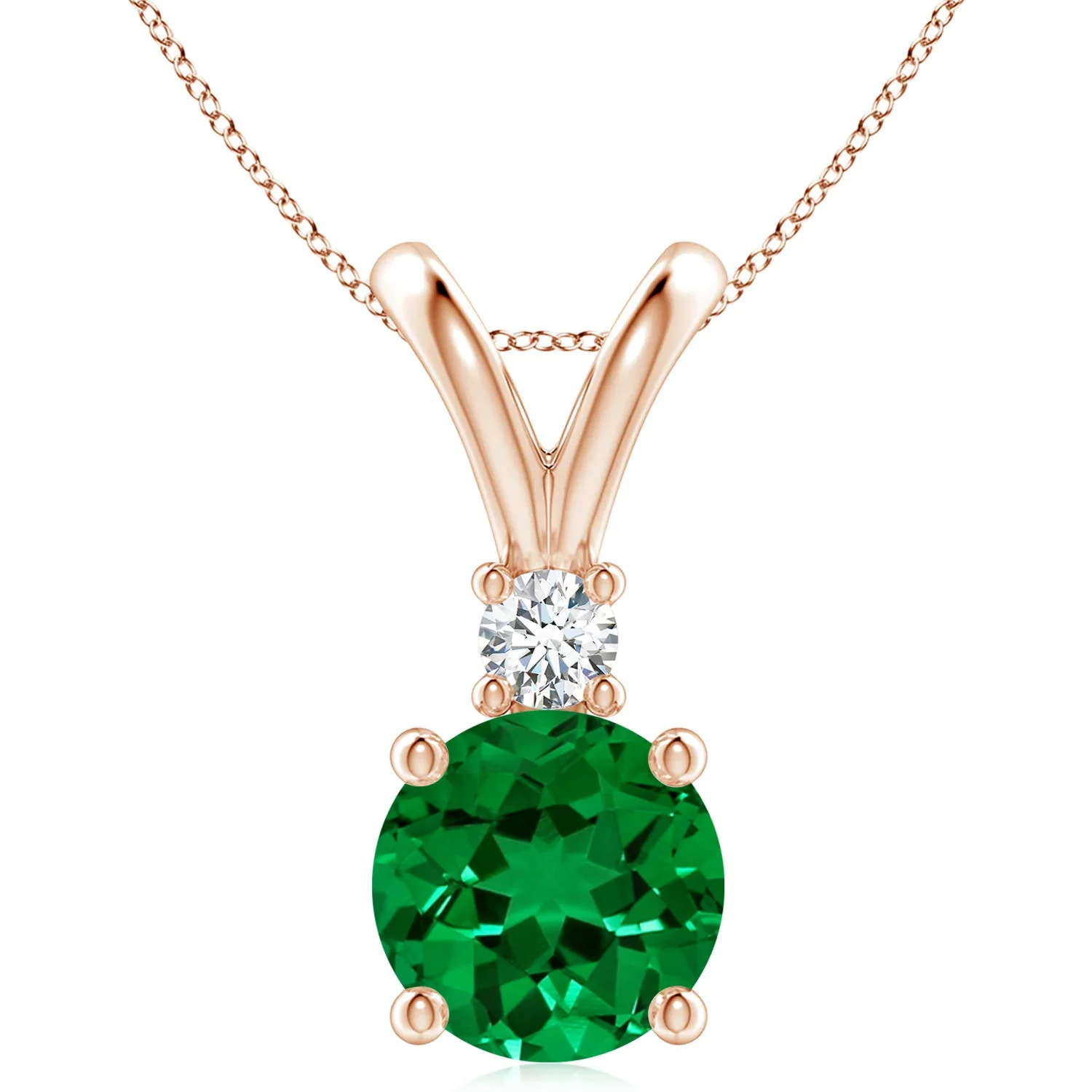 0.25 CTW Round Emerald Solitaire V-Bale Pendant with Diamond in 14K Rose Gold - Image 3