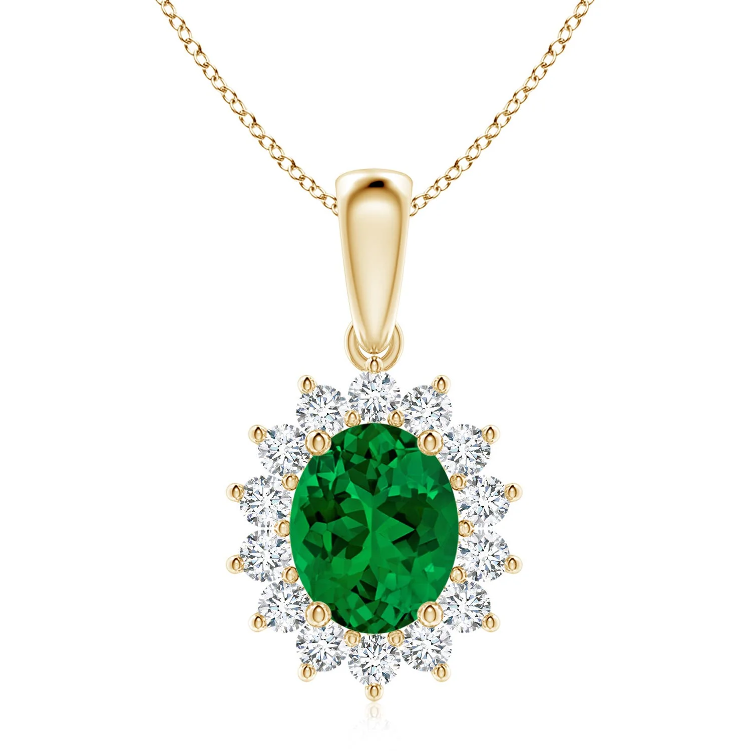 0.86 CTW Oval Emerald Pendant with Floral Diamond Halo in 14K Yellow Gold - Image 4