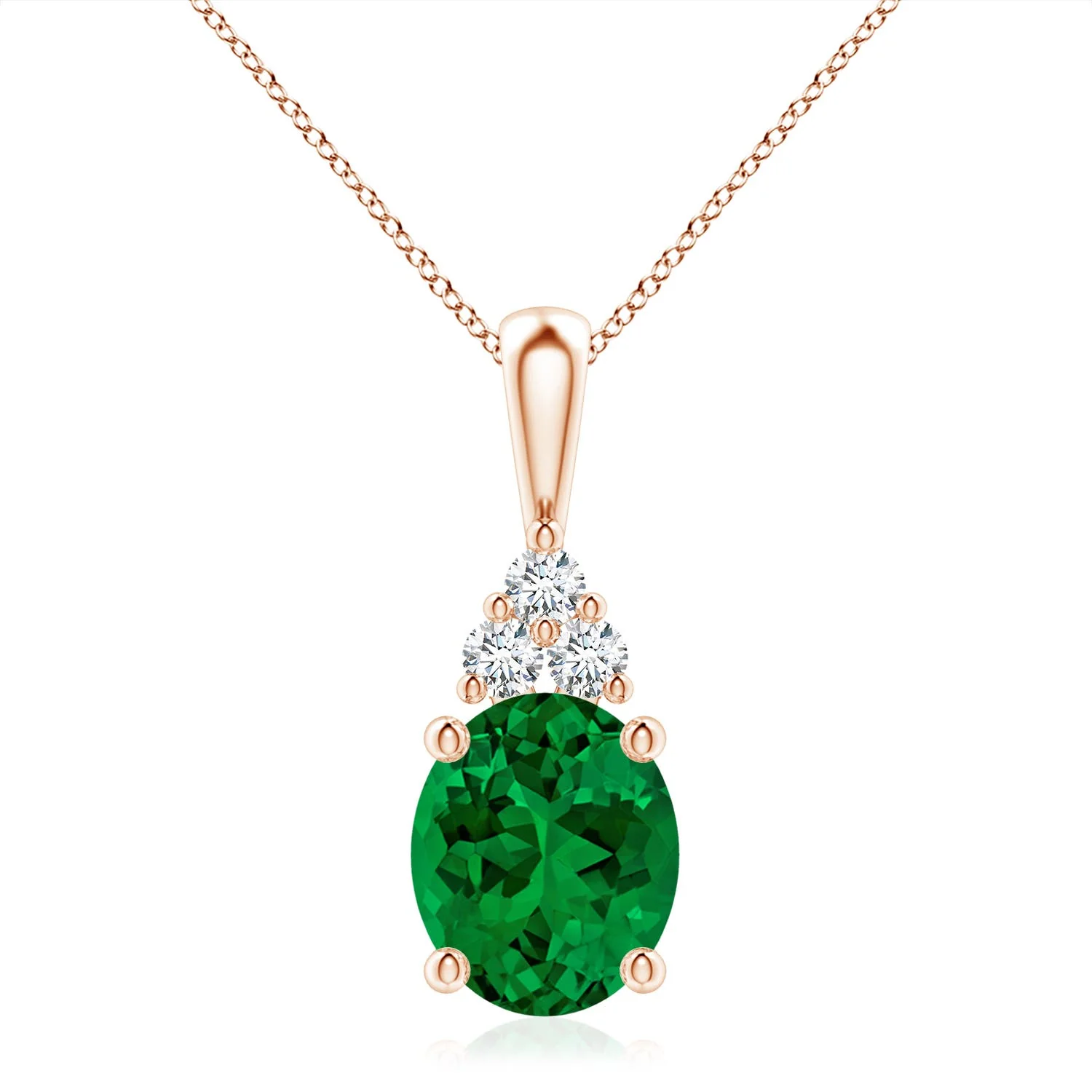 4.83 CTW Oval Emerald Solitaire Pendant with Trio Diamond in 18K Rose Gold - Image 9