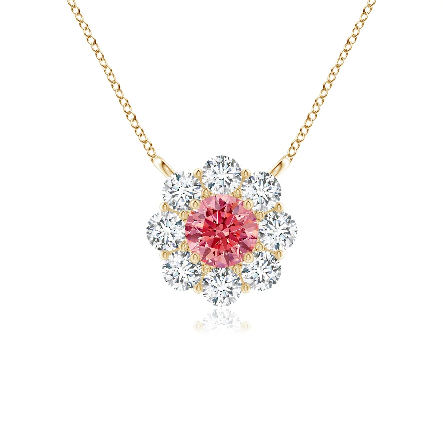 0.51 CTW Prong-Set Round Fancy Intense Pink Diamond Halo Pendant in 14K Yellow Gold - Image 9