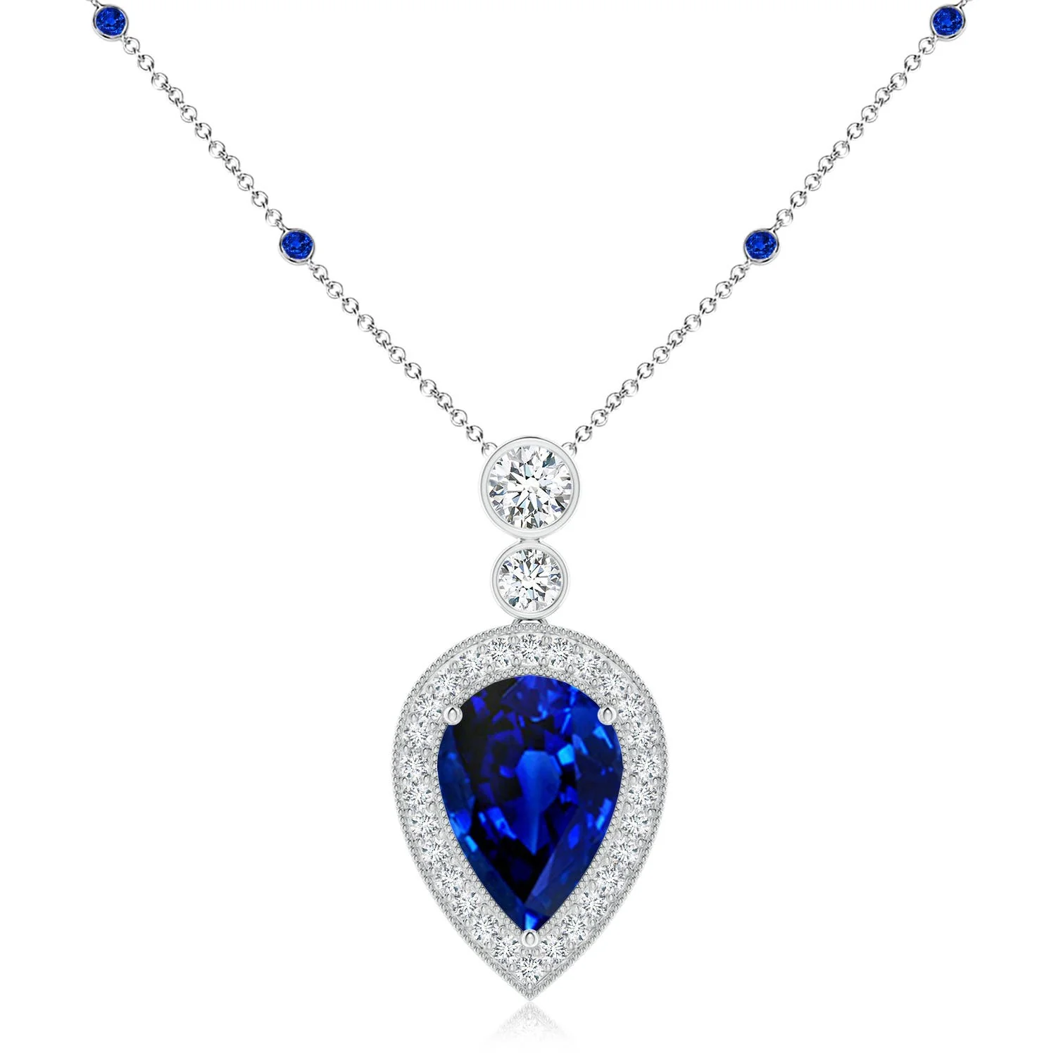 2.18 CTW East-West Cushion Rectangular Blue Sapphire Open Halo Pendant in 18K White Gold - Image 8