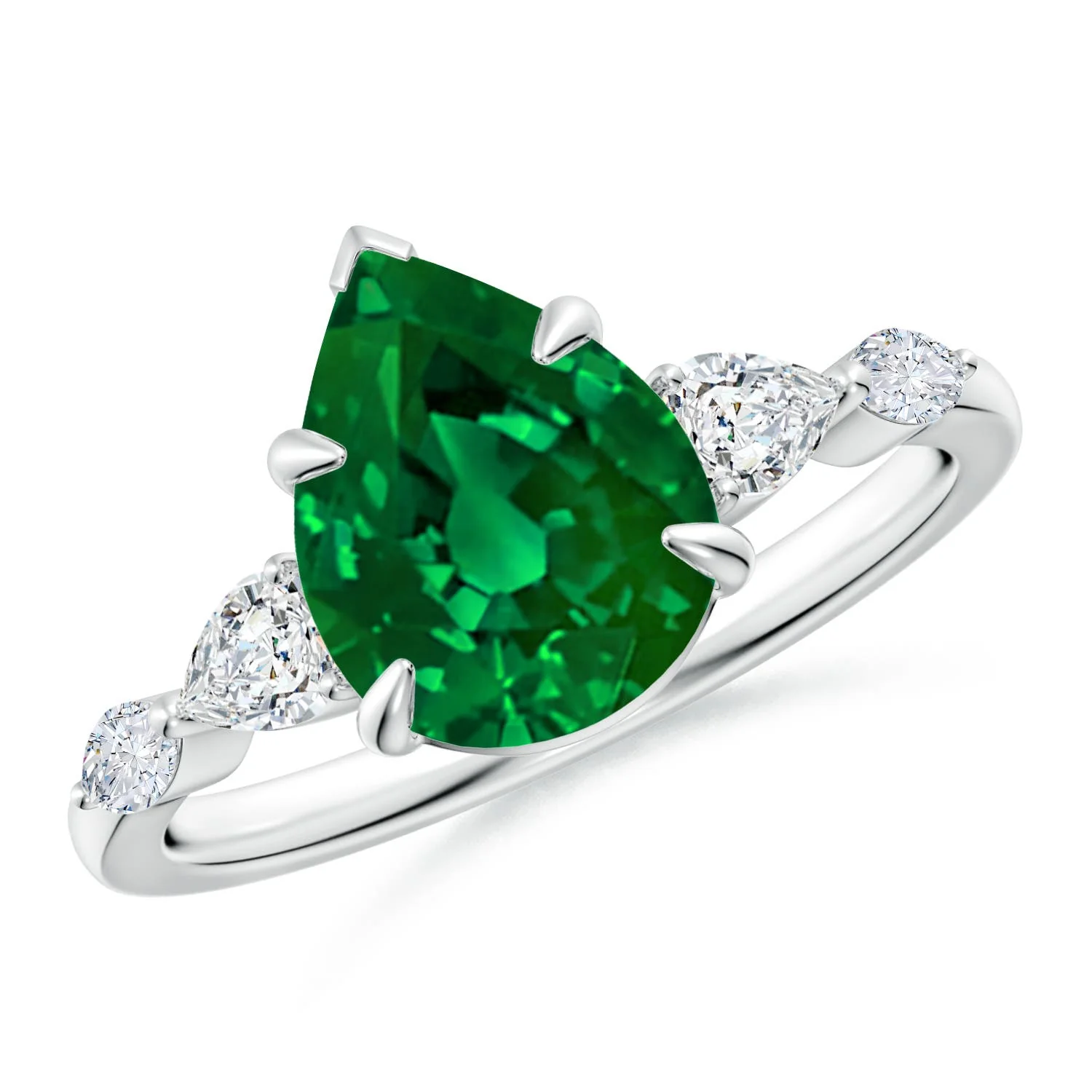 0.66 CTW Lab-Grown Pear Emerald Solitaire Engagement Ring with Trio Diamond Accents in Platinum - Image 7