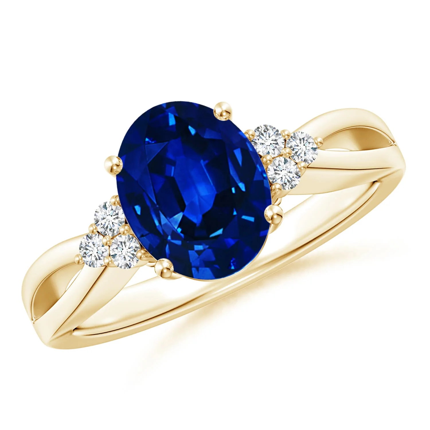 1.58 CTW Oval Lab-Grown Alexandrite Split Shank Ring with Trio Diamonds in 14K Yellow Gold - Image 2