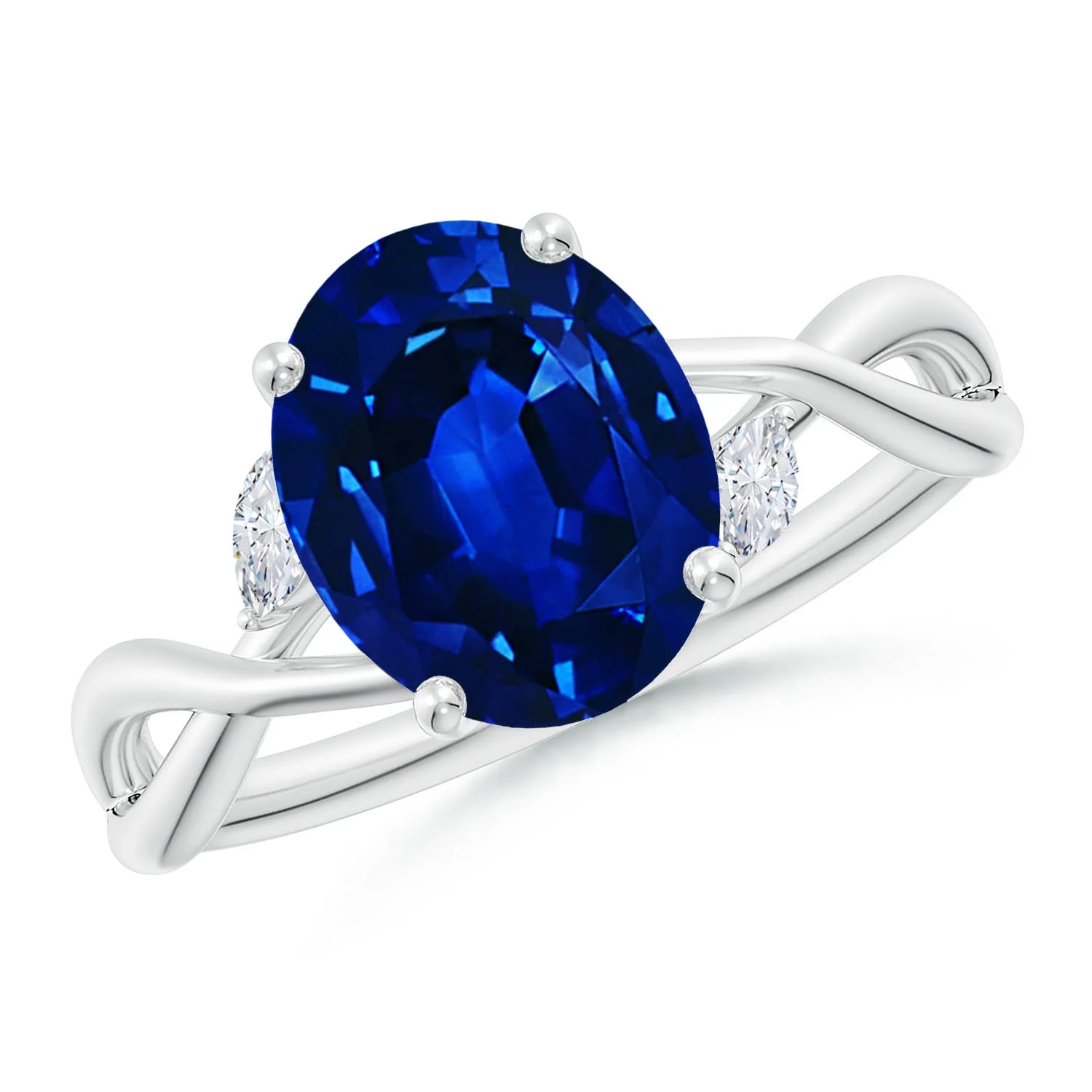 0.94 CTW Lab-Grown Horizontally Set Oval Sapphire Solitaire Engagement Ring with Trio Lab Diamond Accents in Platinum - Image 9