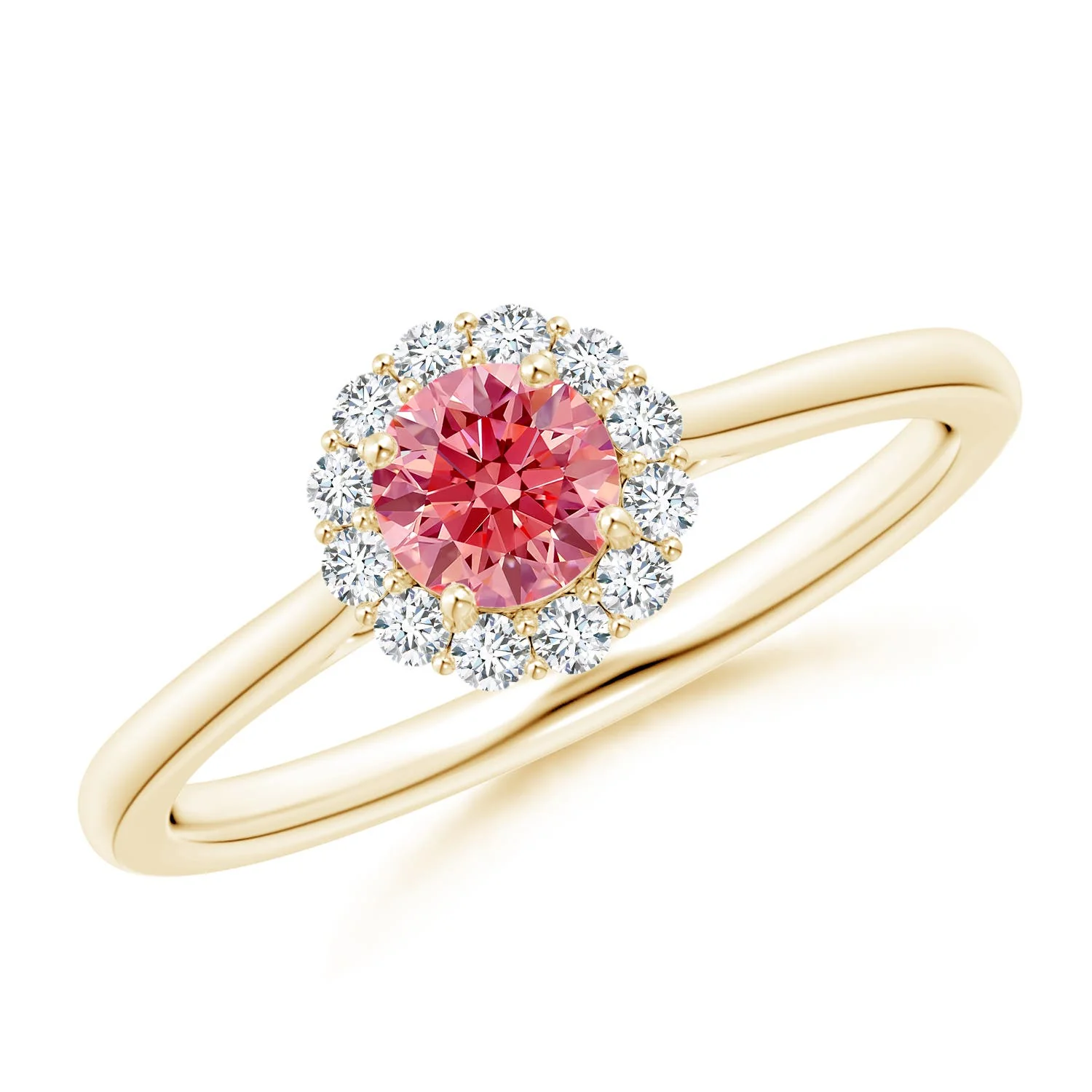 0.51 CTW Classic Floral Halo Round Lab-Grown Fancy Intense Pink Diamond Engagement Ring with Accents in 14K Yellow Gold - Image 10