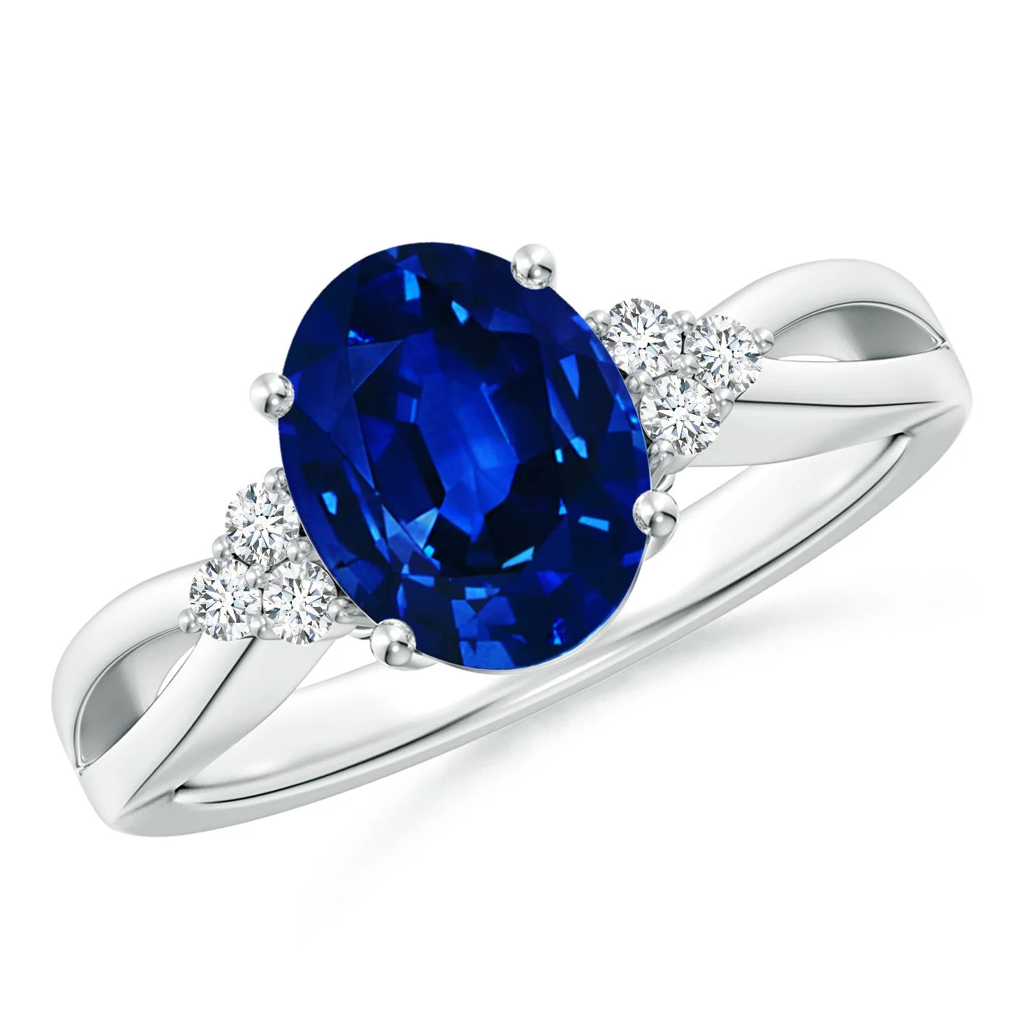 1.0 CTW Lab-Grown Oval Blue Sapphire Side Stone Engagement Ring with Diamonds in Platinum - Image 5
