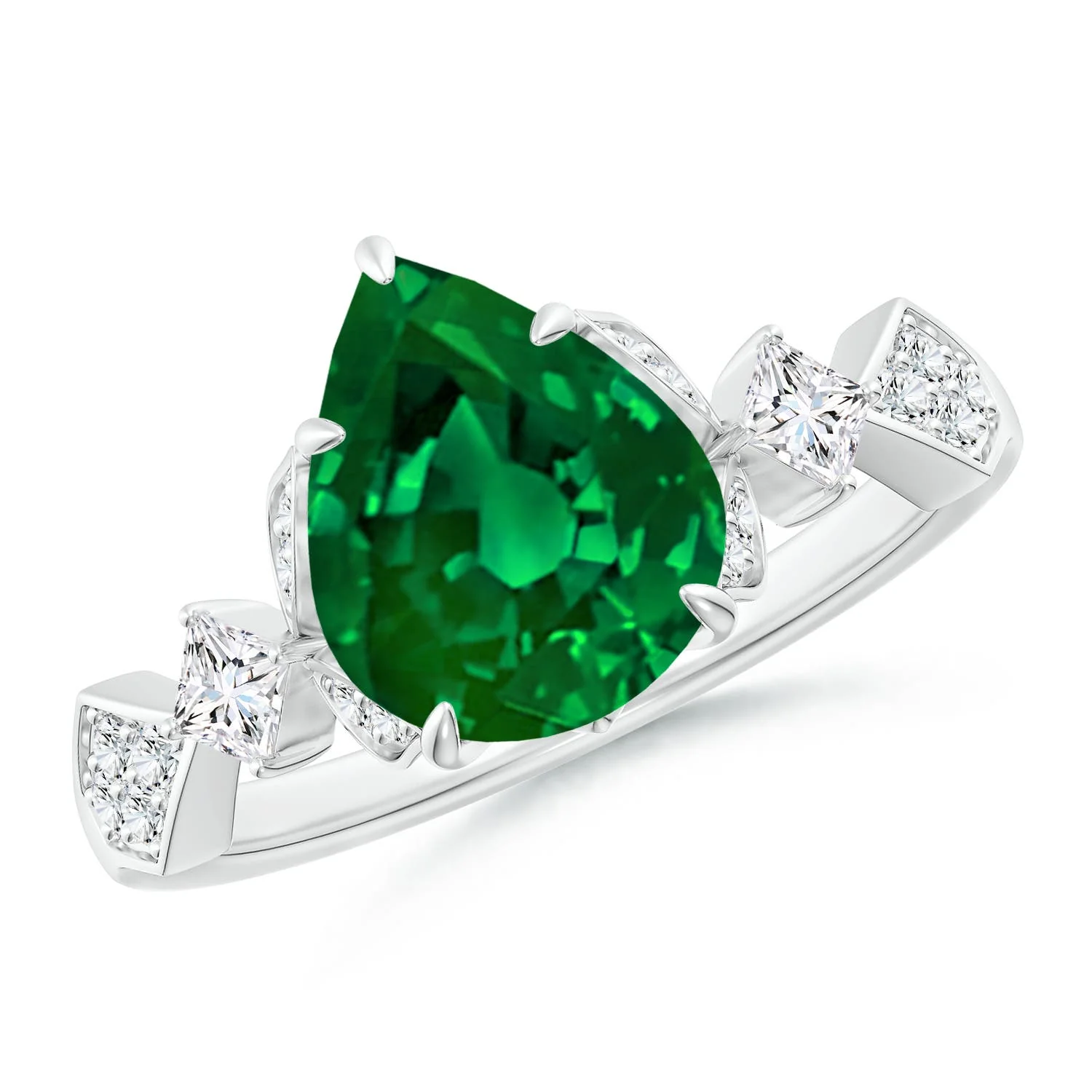 0.75 CTW Lab-Grown Pear Shape Emerald Side Stone Engagement Ring with Diamonds in Platinum - Image 4
