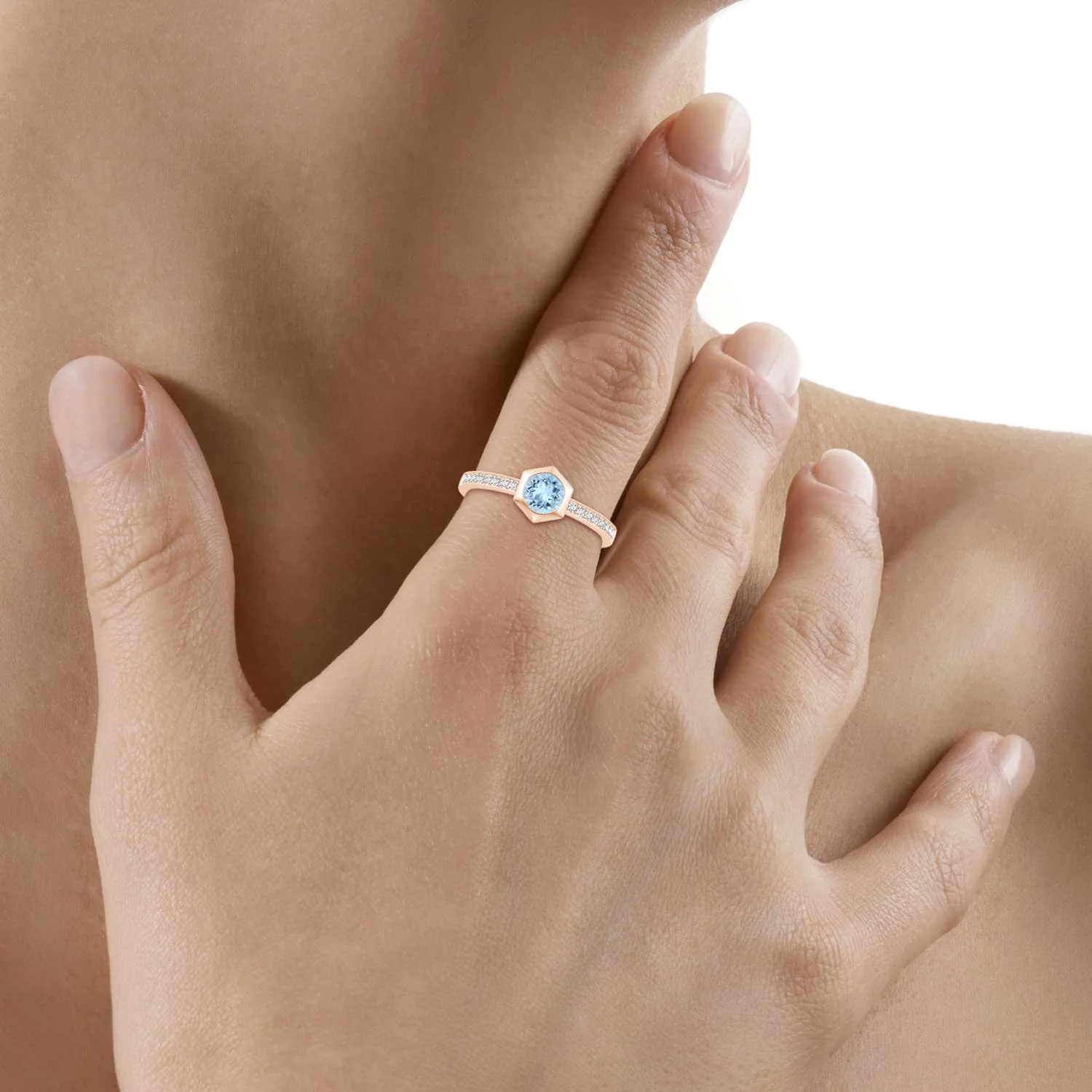 Natori x 0.53 CTW Hexagonal Bezel-Set Aquamarine and Diamond Ring in 14K Rose Gold - Image 5