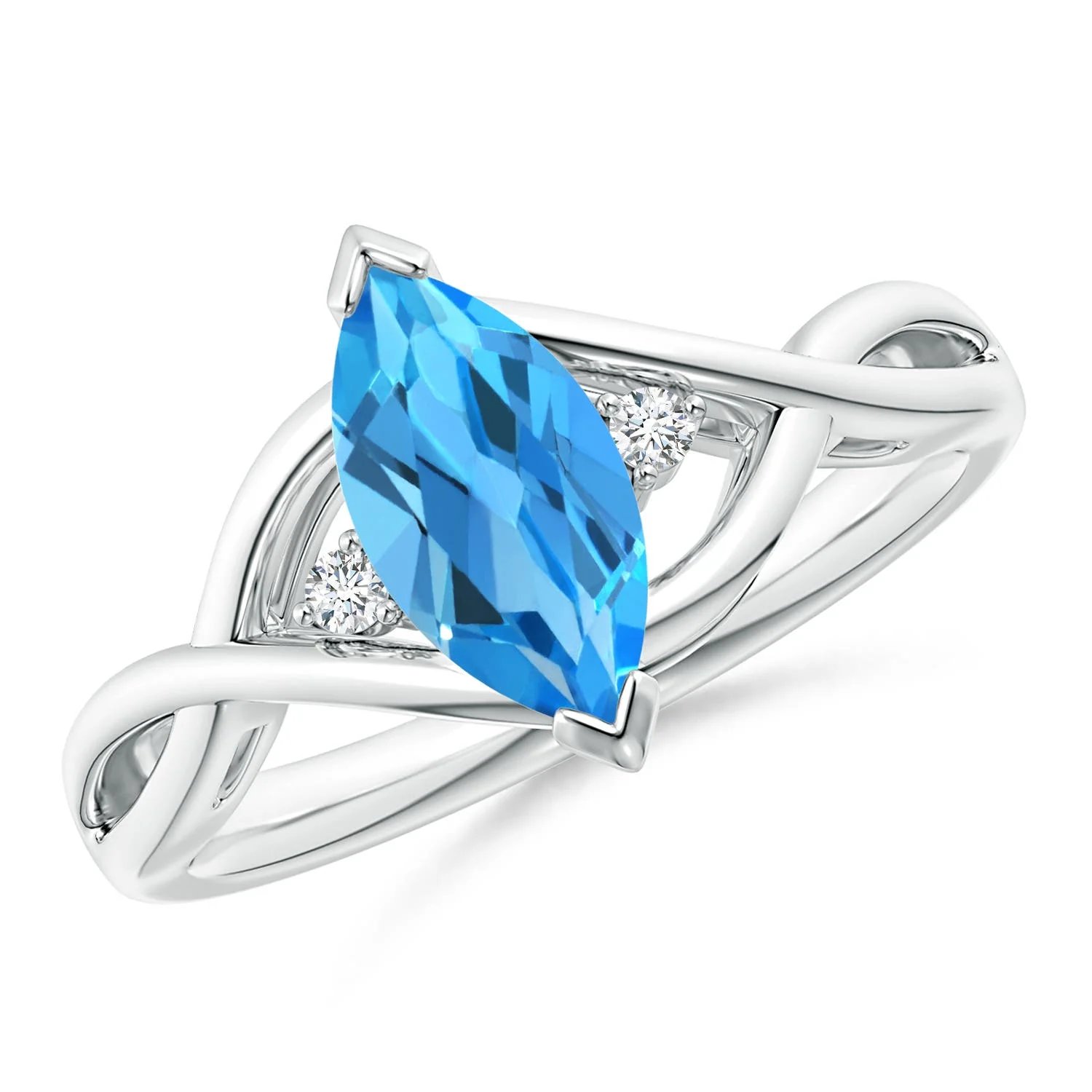 0.62 CTW Oval Swiss Blue Topaz Bypass Ring with Trio Diamond Accents in 18K White Gold - Image 2