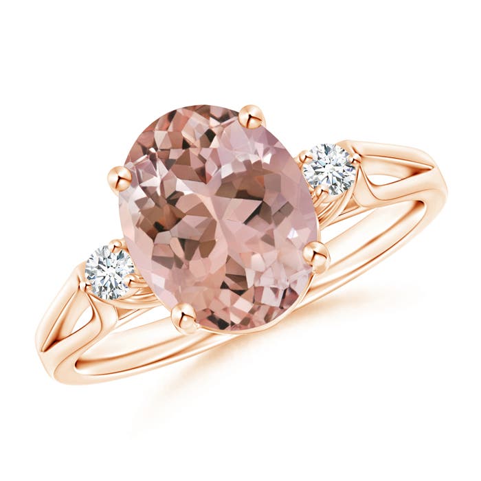 0.78 CTW Solitaire Oval Morganite Ring with Trio Diamond Accents in 14K Rose Gold