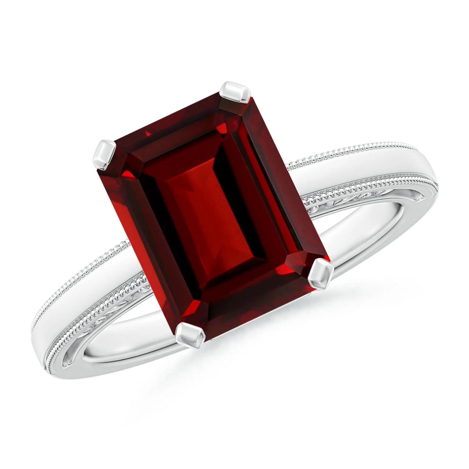 4.0 CTW Emerald Cut Garnet Solitaire Ring with Milgrain in Platinum - Image 3