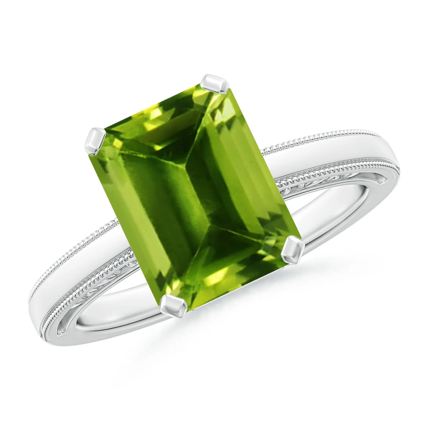 3.3 CTW Emerald Cut Peridot Solitaire Ring with Milgrain in Platinum - Image 4