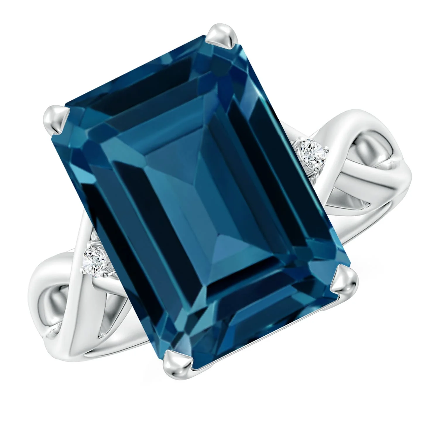 4.14 CTW Emerald-Cut London Blue Topaz Cocktail Ring with Diamonds in 18K White Gold - Image 7