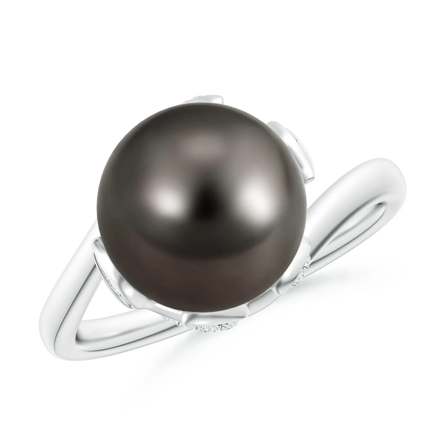 9 MM Tahitian Pearl Ring with Trio Diamonds in 14K White Gold - Image 5
