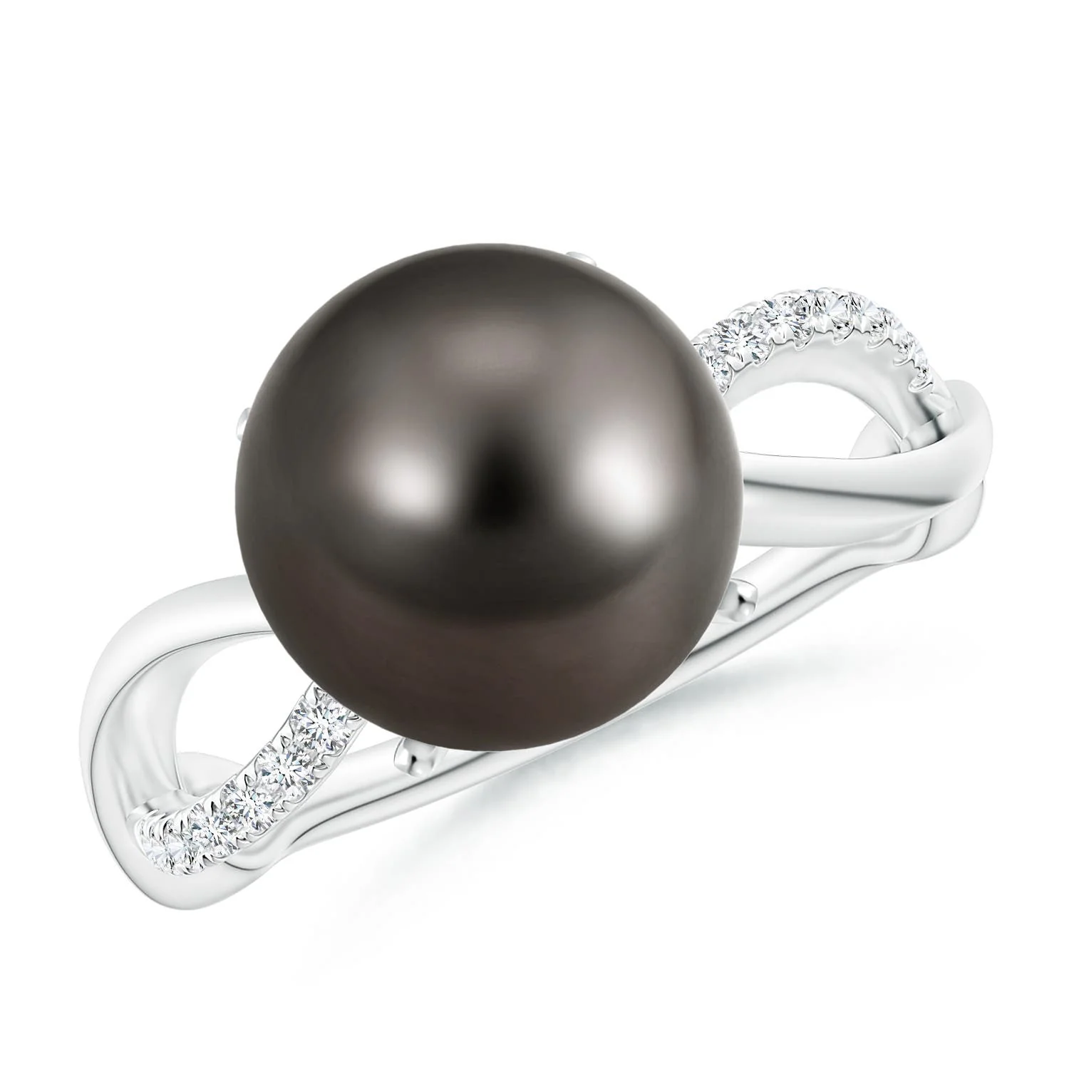 9 MM Tahitian Pearl Ring with Trio Diamonds in 14K White Gold - Image 7