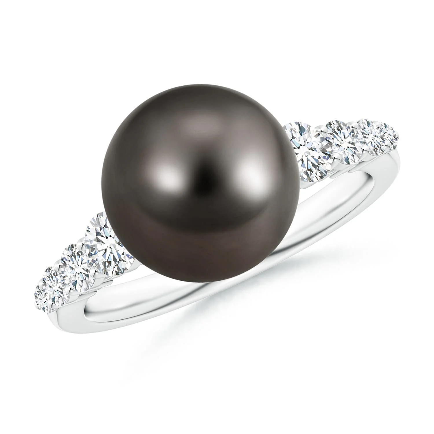 9 MM Tahitian Pearl Ring with Trio Diamonds in 14K White Gold - Image 9