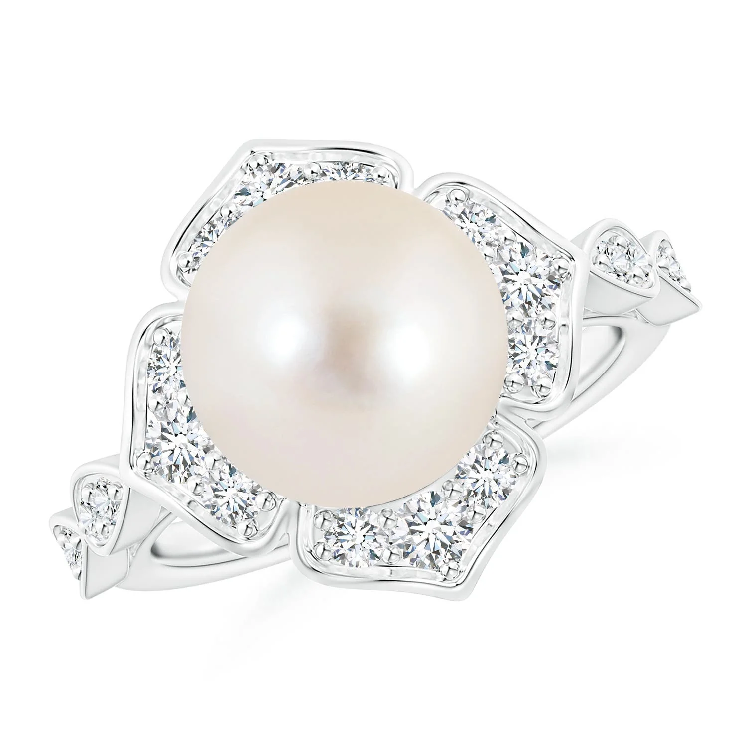 10 MM Freshwater Cultured Pearl Floral Ring with Diamonds in 18K White Gold - Image 7
