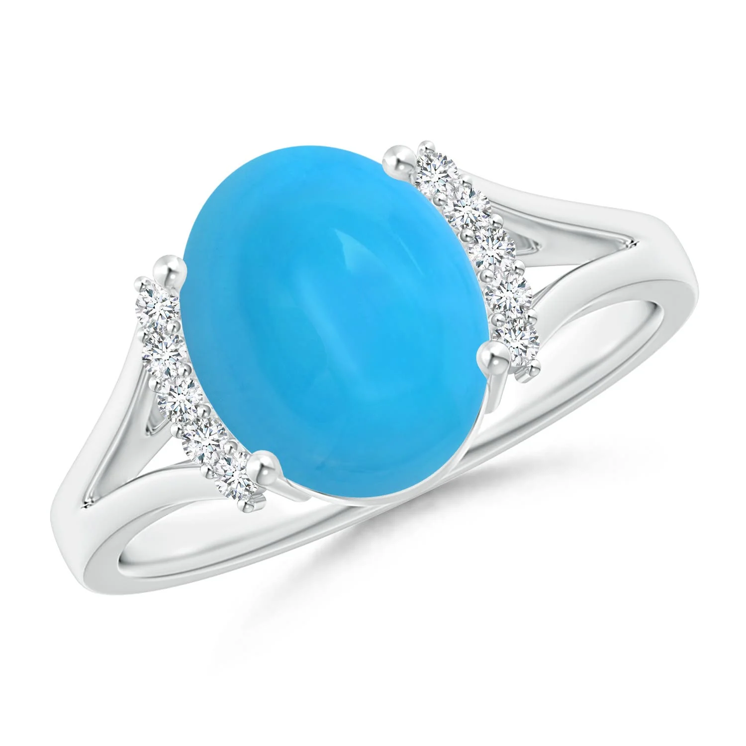 0.44 CTW Solitaire Oval Turquoise Split Shank Ring with Trio Diamonds in 18K White Gold - Image 4