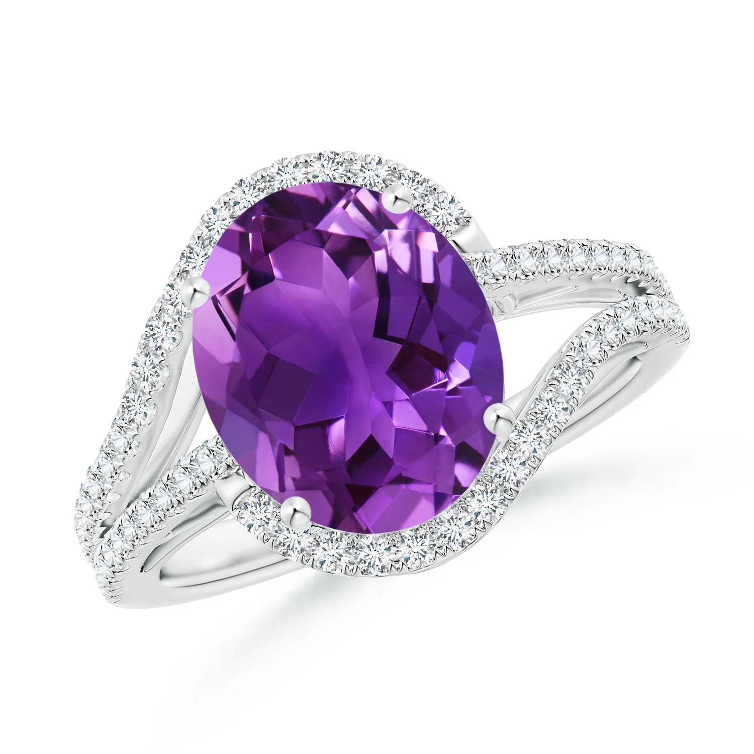 2.45 CTW Solitaire Oval Amethyst Criss Cross Ring with Diamonds in 18K White Gold - Image 8