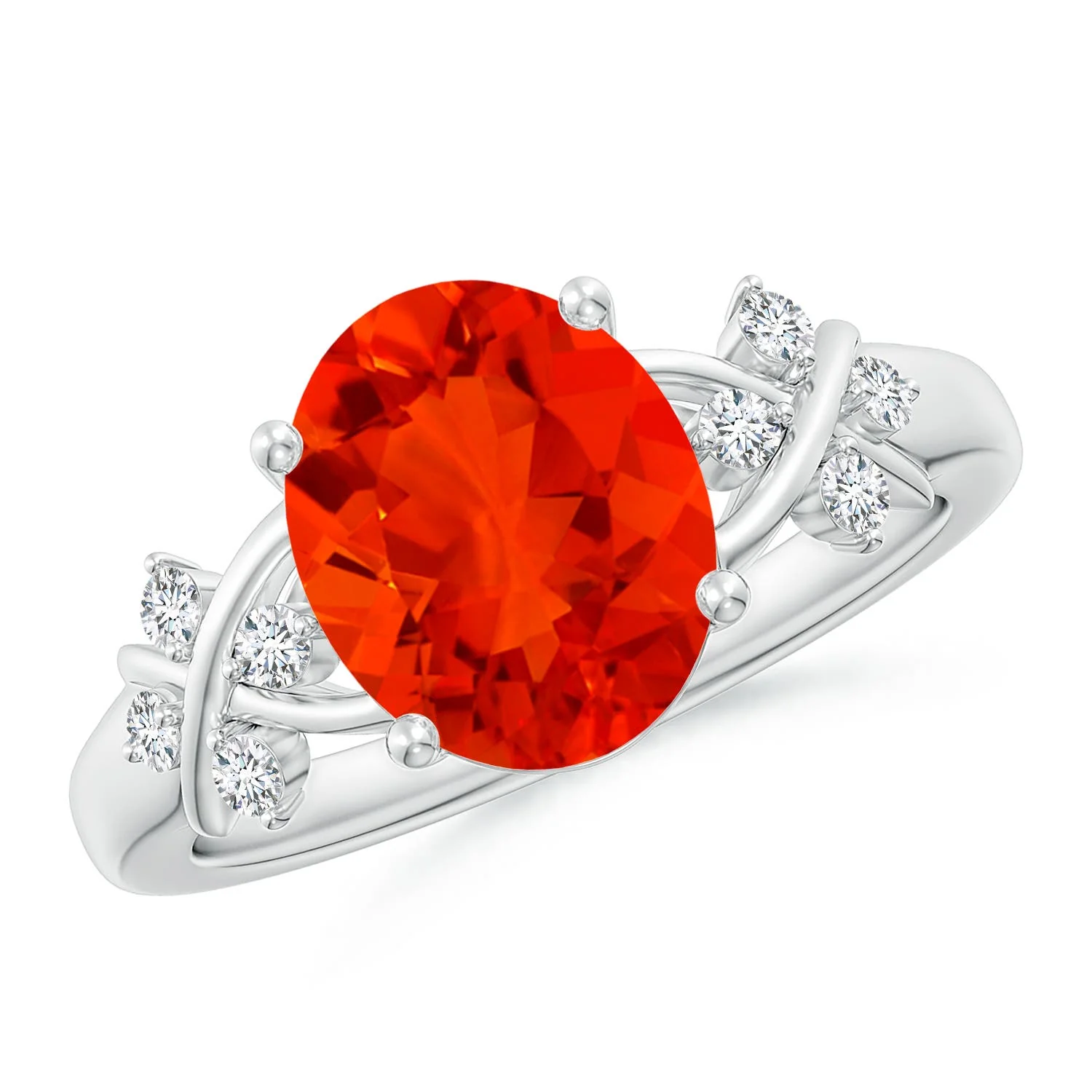 1.77 CTW Solitaire Oval Fire Opal Criss Cross Ring with Diamonds in 18K White Gold - Image 2