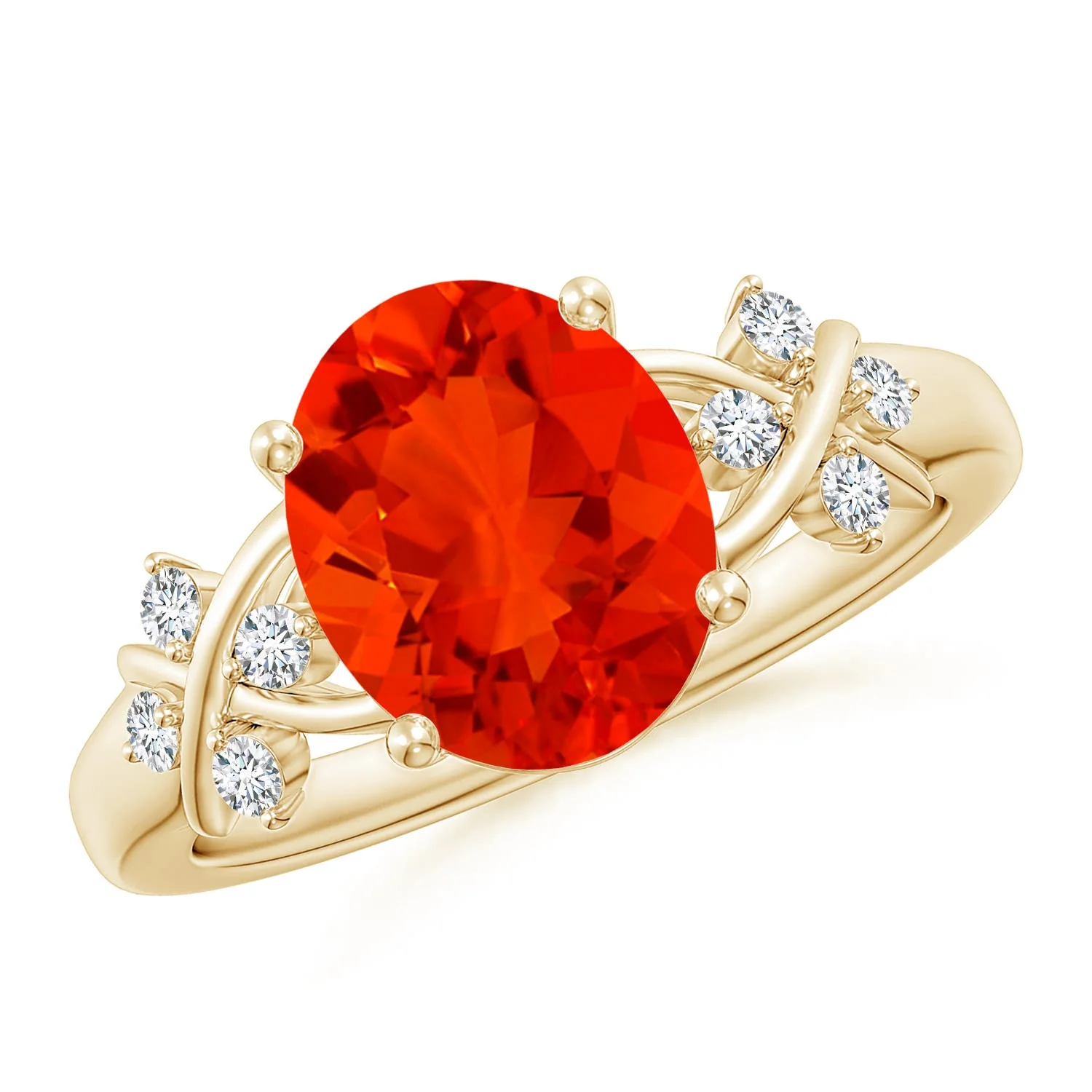 1.77 CTW Solitaire Oval Fire Opal Criss Cross Ring with Diamonds in 18K White Gold - Image 4