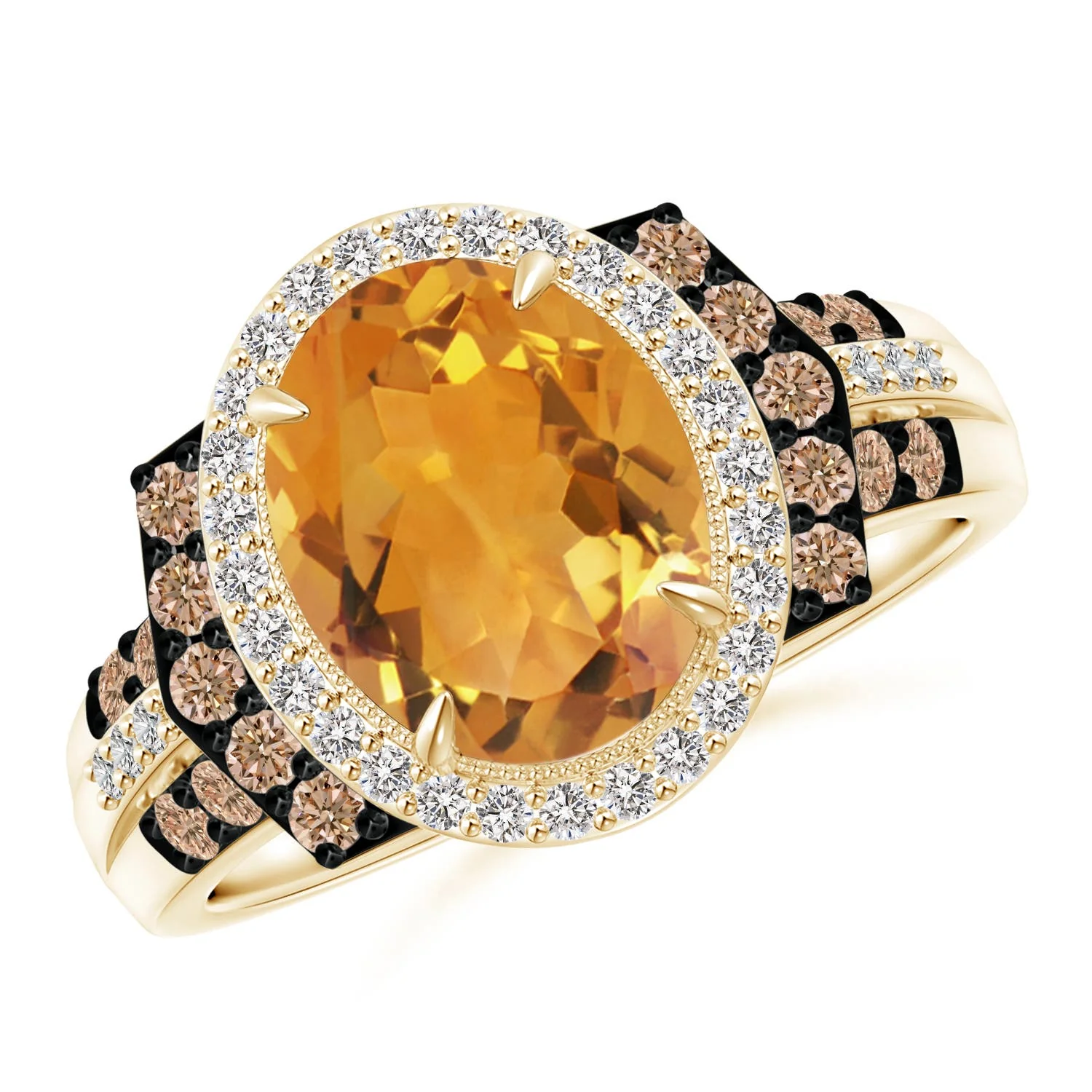 0.84 CTW Horizontally Set Oval Citrine Ring with Trio Diamonds in 18K Yellow Gold