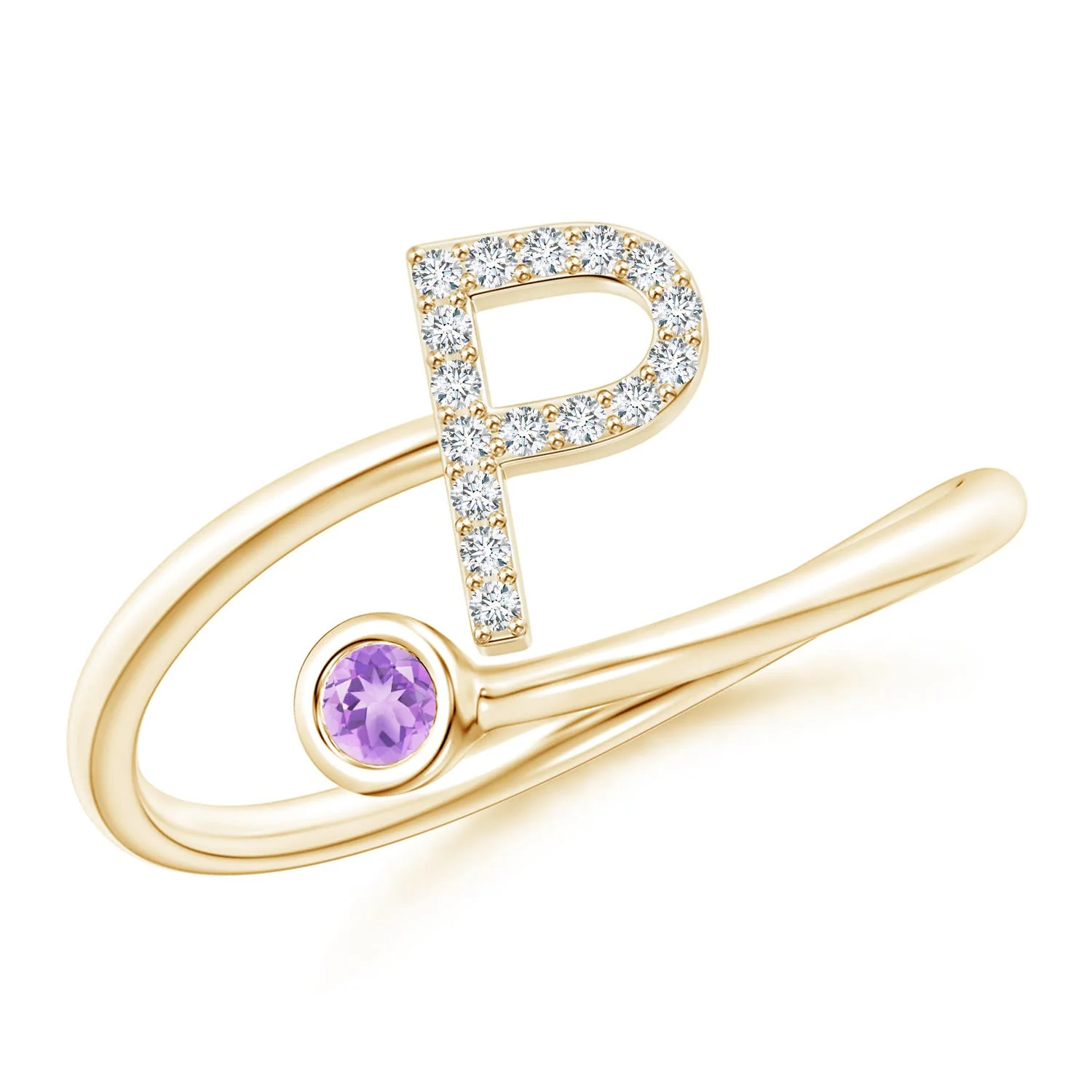 2.5 MM Capital "P" Diamond Initial Ring with Bezel-Set Amethyst in 18K Yellow Gold - Image 5