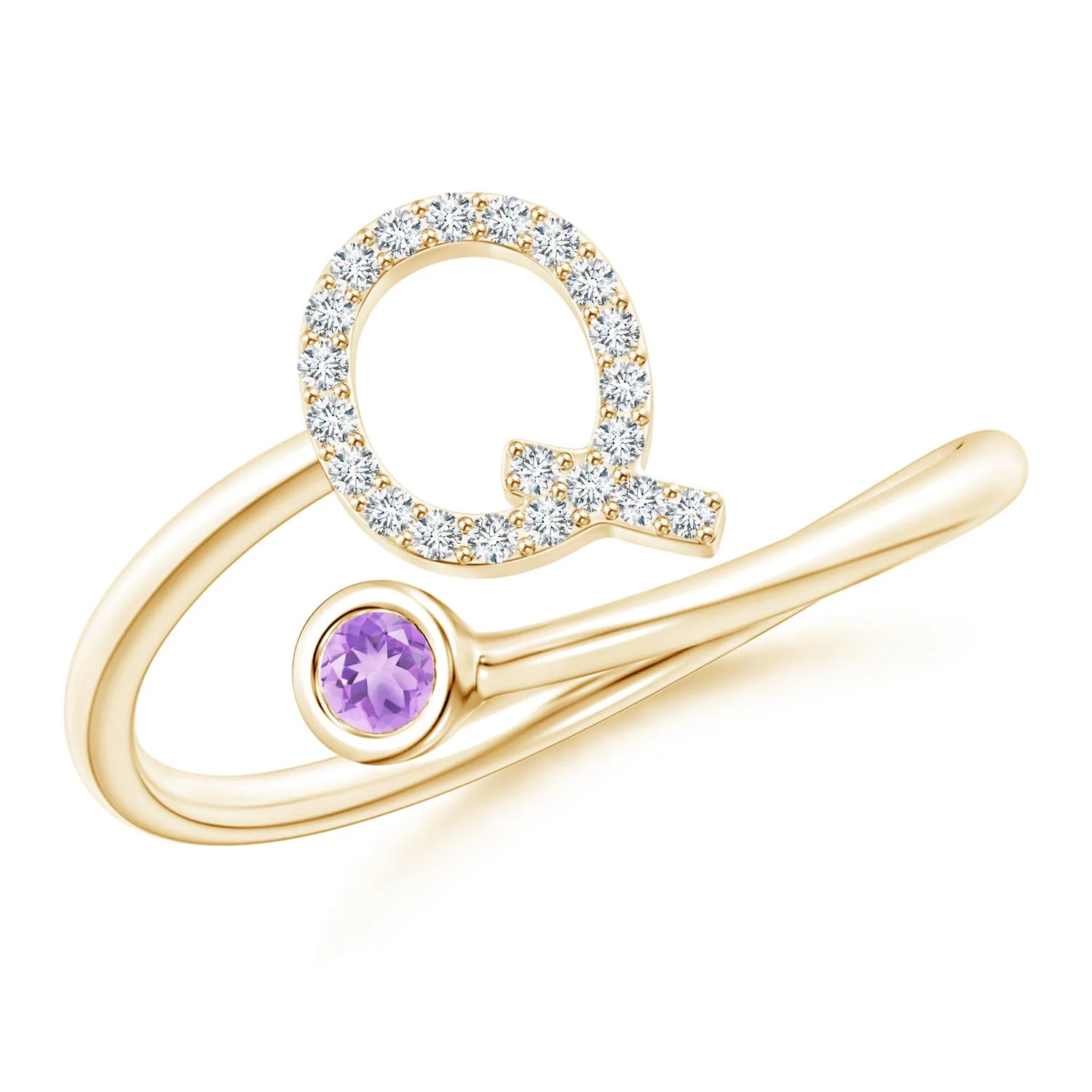 2.5 MM Capital "R" Diamond Initial Ring with Bezel-Set Amethyst in 18K Yellow Gold - Image 6