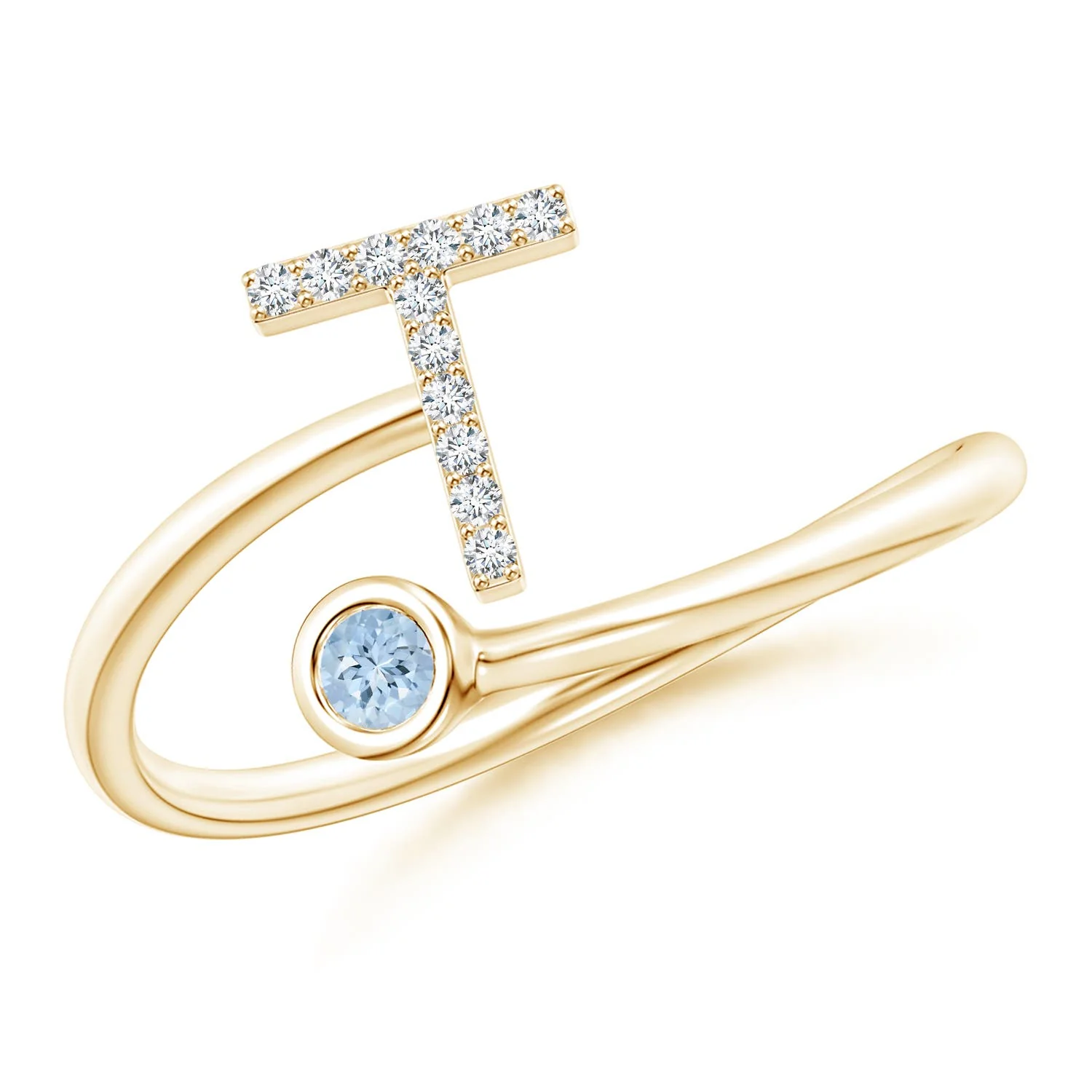 2.5 MM Capital "Y" Diamond Initial Ring with Bezel-Set Aquamarine in 18K Yellow Gold - Image 9