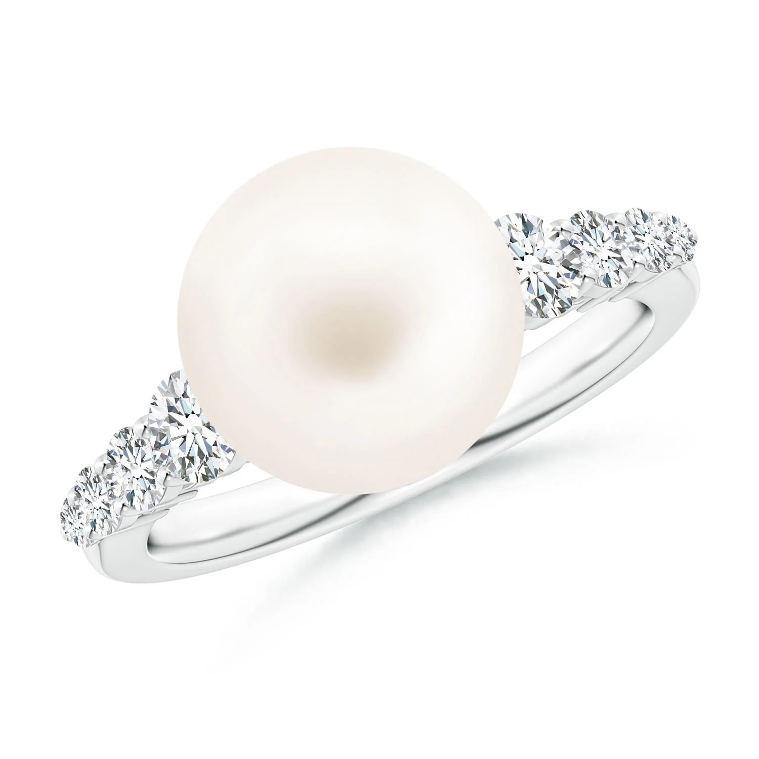 10 MM Freshwater Pearl Ring with Graduated Diamonds in 18K White Gold - Image 2