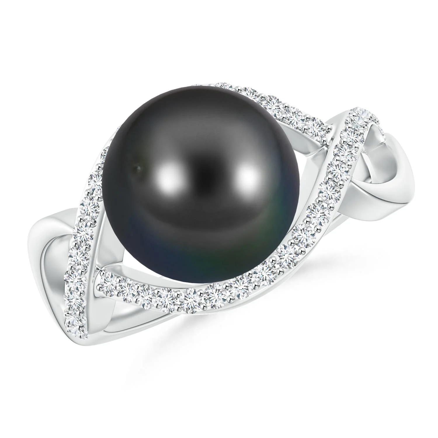 10 MM Tahitian Pearl Three Stone Ring with Diamonds in 18K White Gold - Image 10