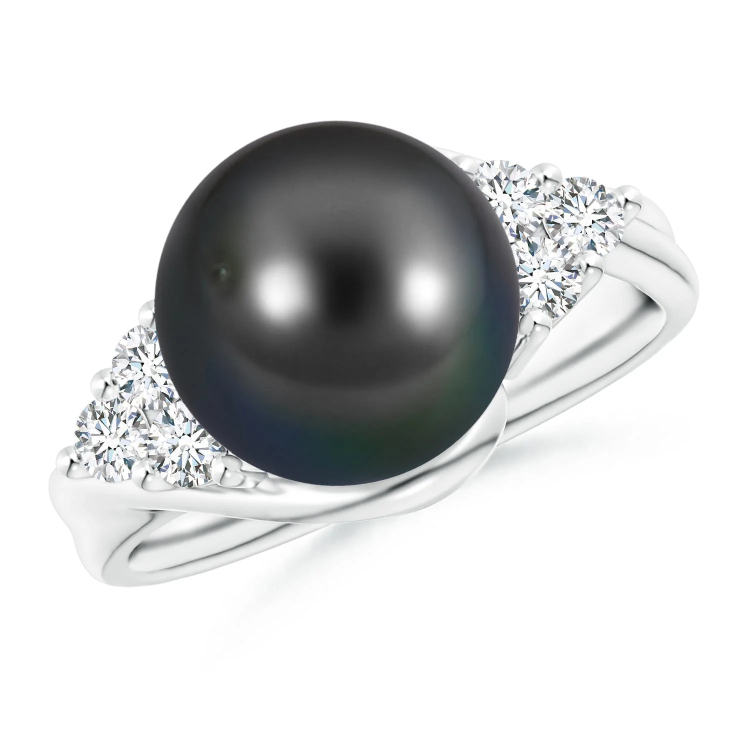 10 MM Tahitian Pearl Three Stone Ring with Diamonds in 18K White Gold - Image 8
