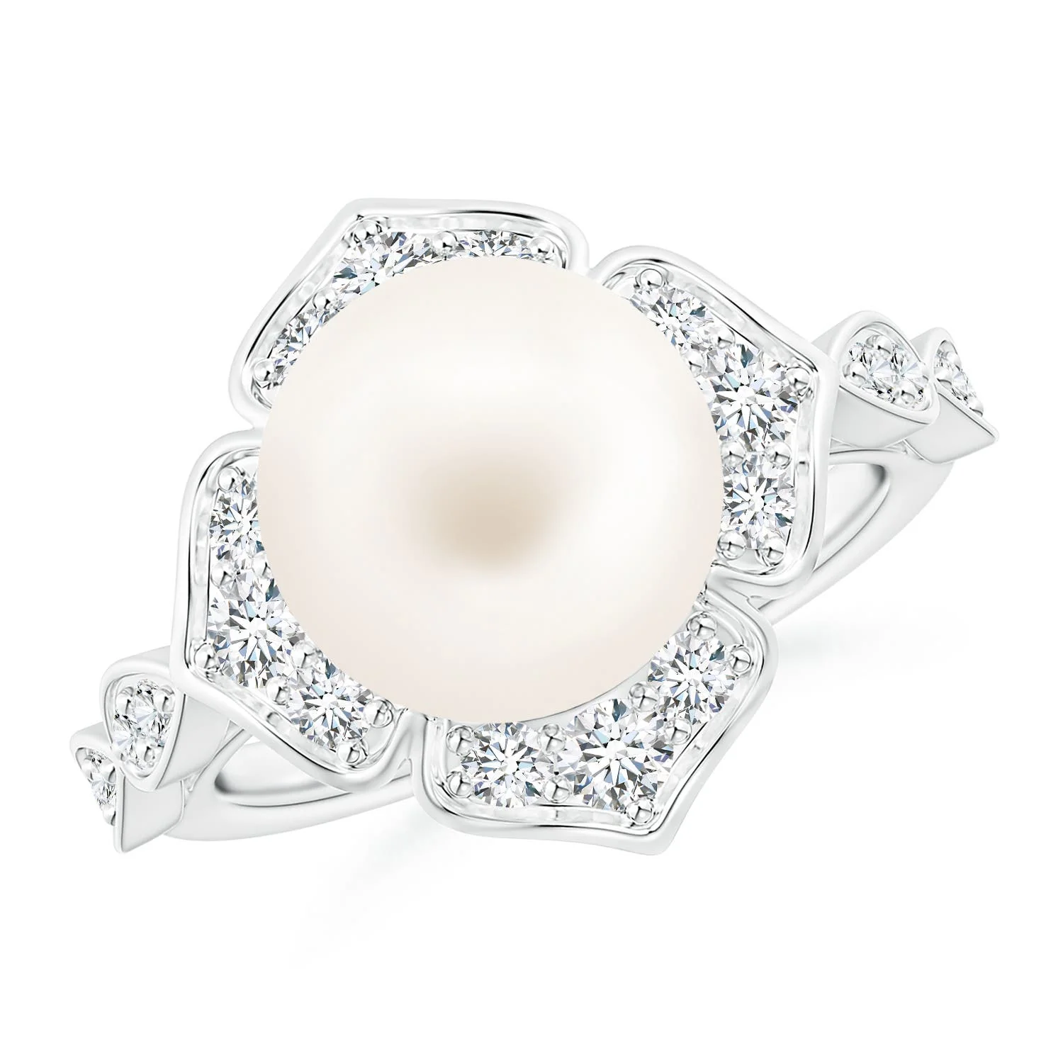 10 MM Freshwater Pearl Ring with Pavé-Set Diamonds in 18K White Gold - Image 8