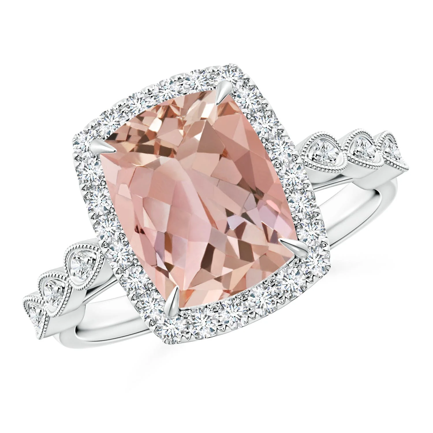 3.0 CTW Oval Morganite Split Shank Halo Ring with Diamonds in 18K White Gold - Image 7