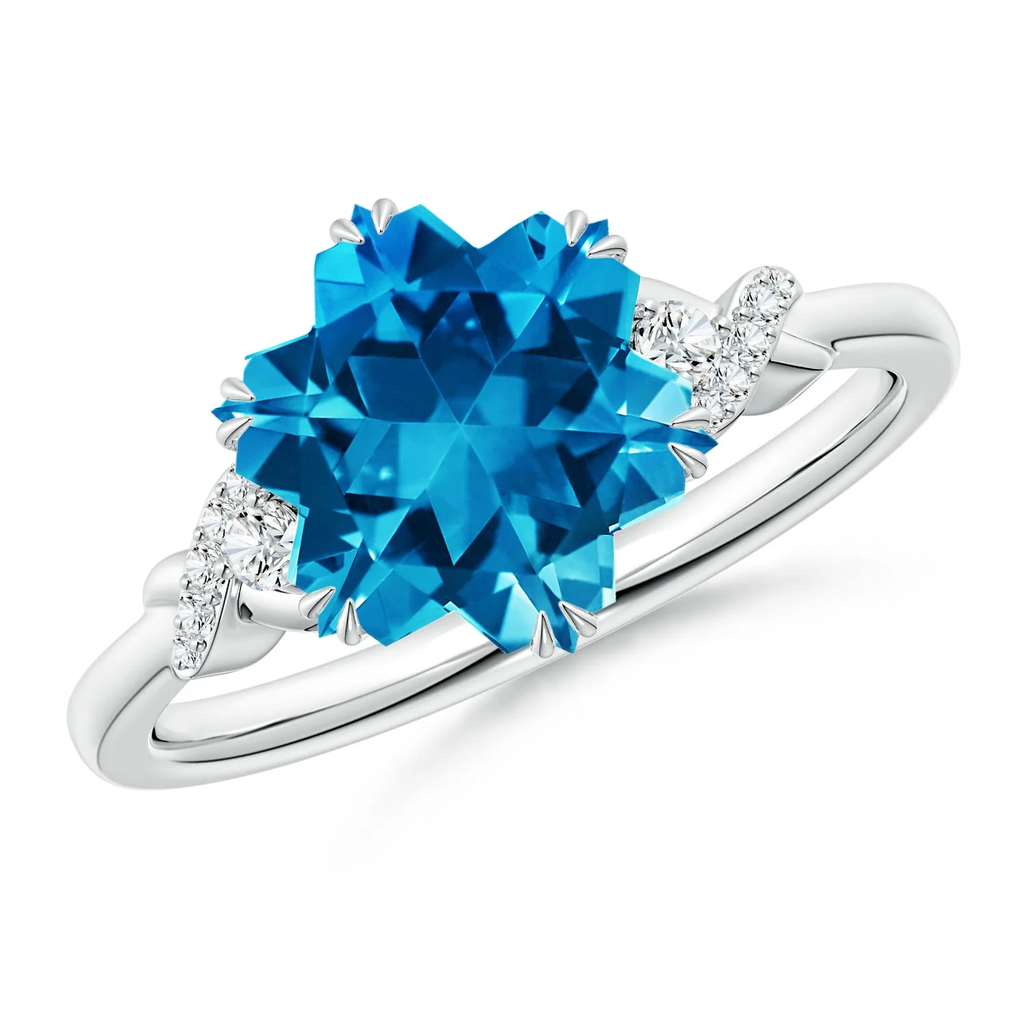 0.92 CTW Square Swiss Blue Topaz Crossover Shank Ring with Diamonds in 18K White Gold - Image 2
