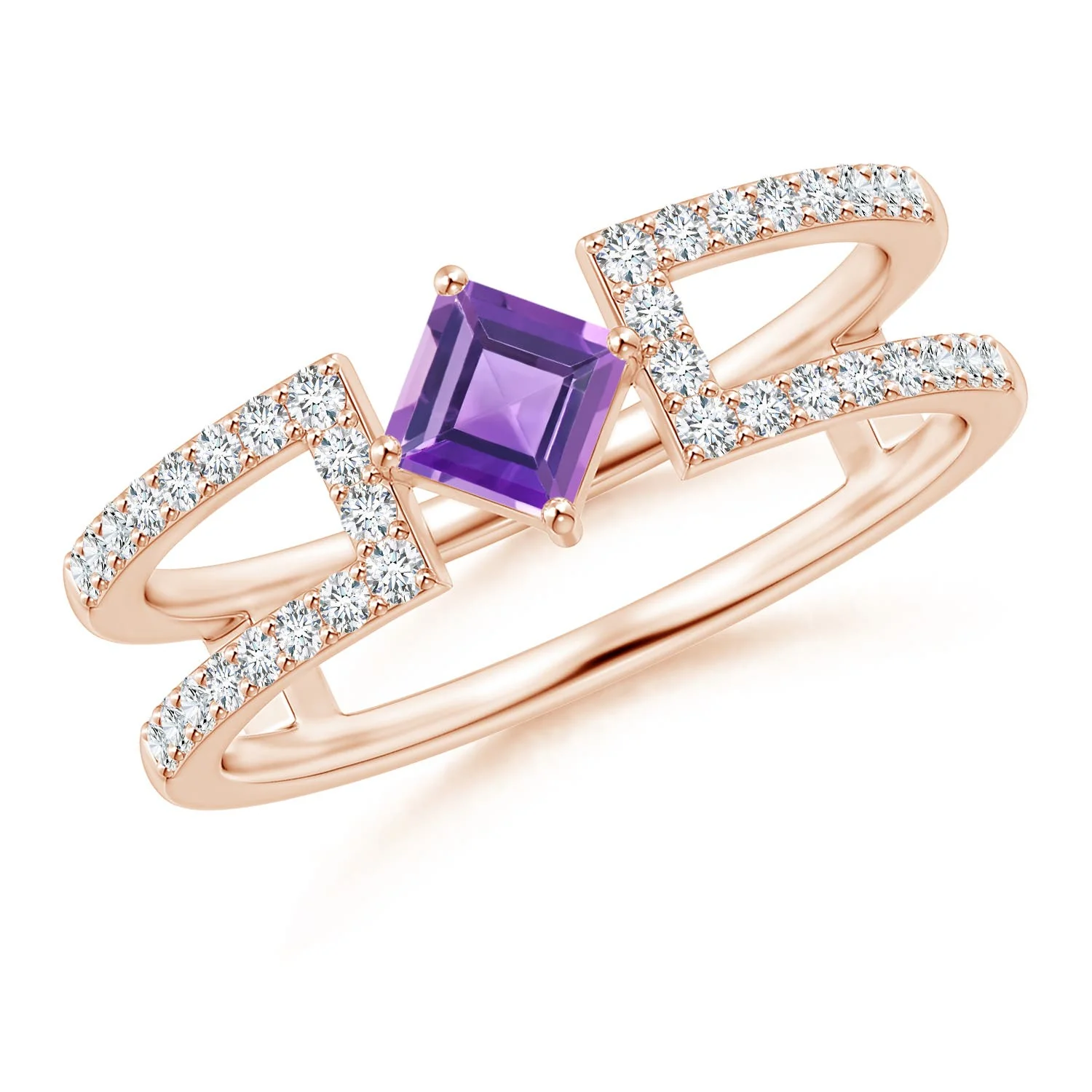 0.58 CTW Square Amethyst Parallel Split Shank Ring with Accents in 14K Rose Gold - Image 9