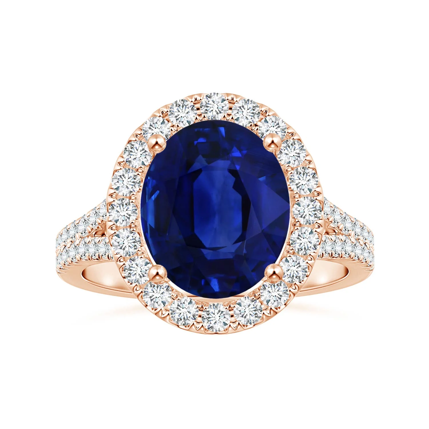 4.49 CTW GIA Certified Oval Blue Sapphire Halo Split Shank Ring in 14K Rose Gold - Image 2