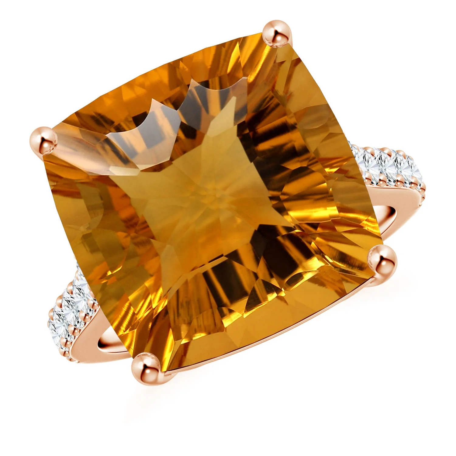 3.53 CTW Three Stone GIA Certified Cushion Citrine Tapered Ring with Scrollwork in 14K Rose Gold - Image 7