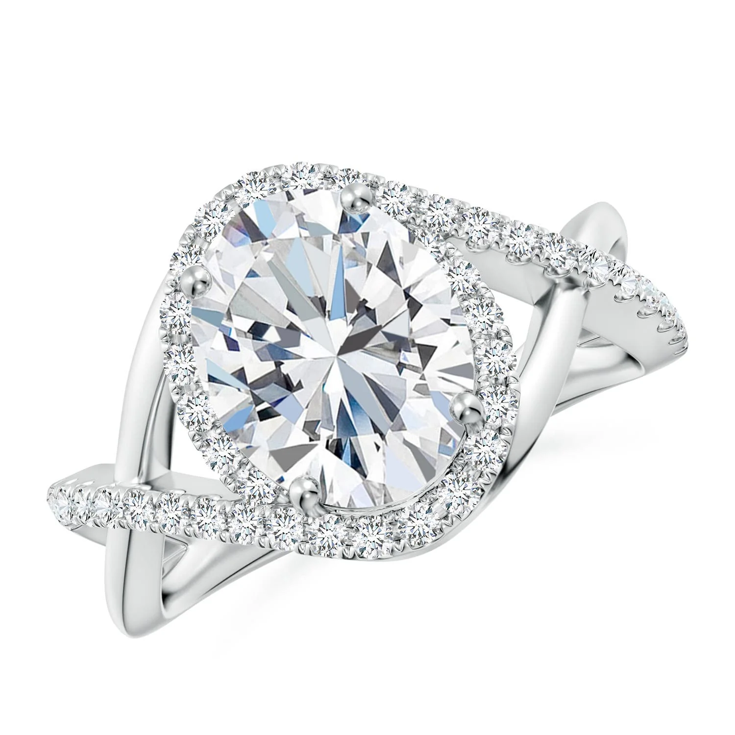 3.0 CTW Oval Diamond Criss Cross Shank Engagement Ring with Accents in 18K White Gold - Image 4