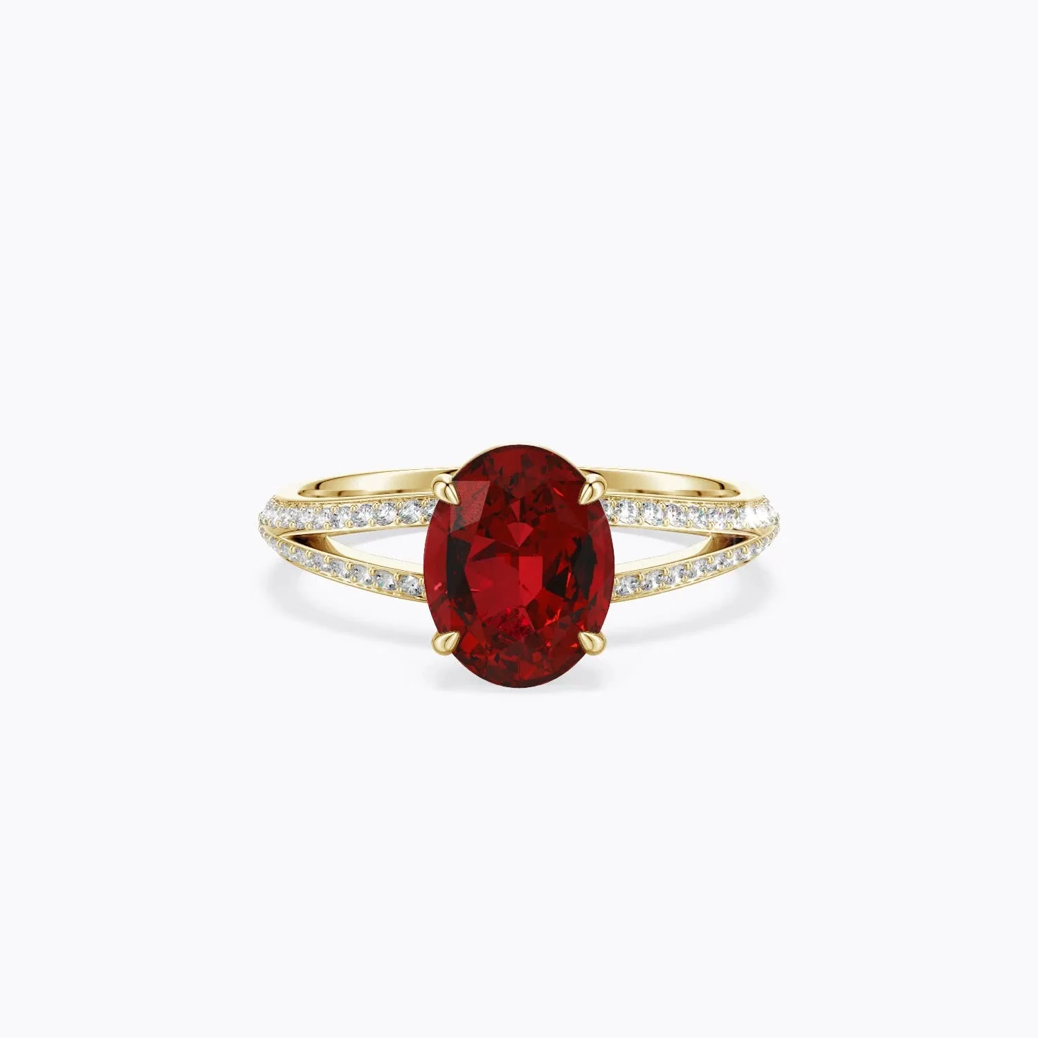 6.45 CTW Oval Ruby Engagement Ring with Pavé Accents in 18K Yellow Gold
