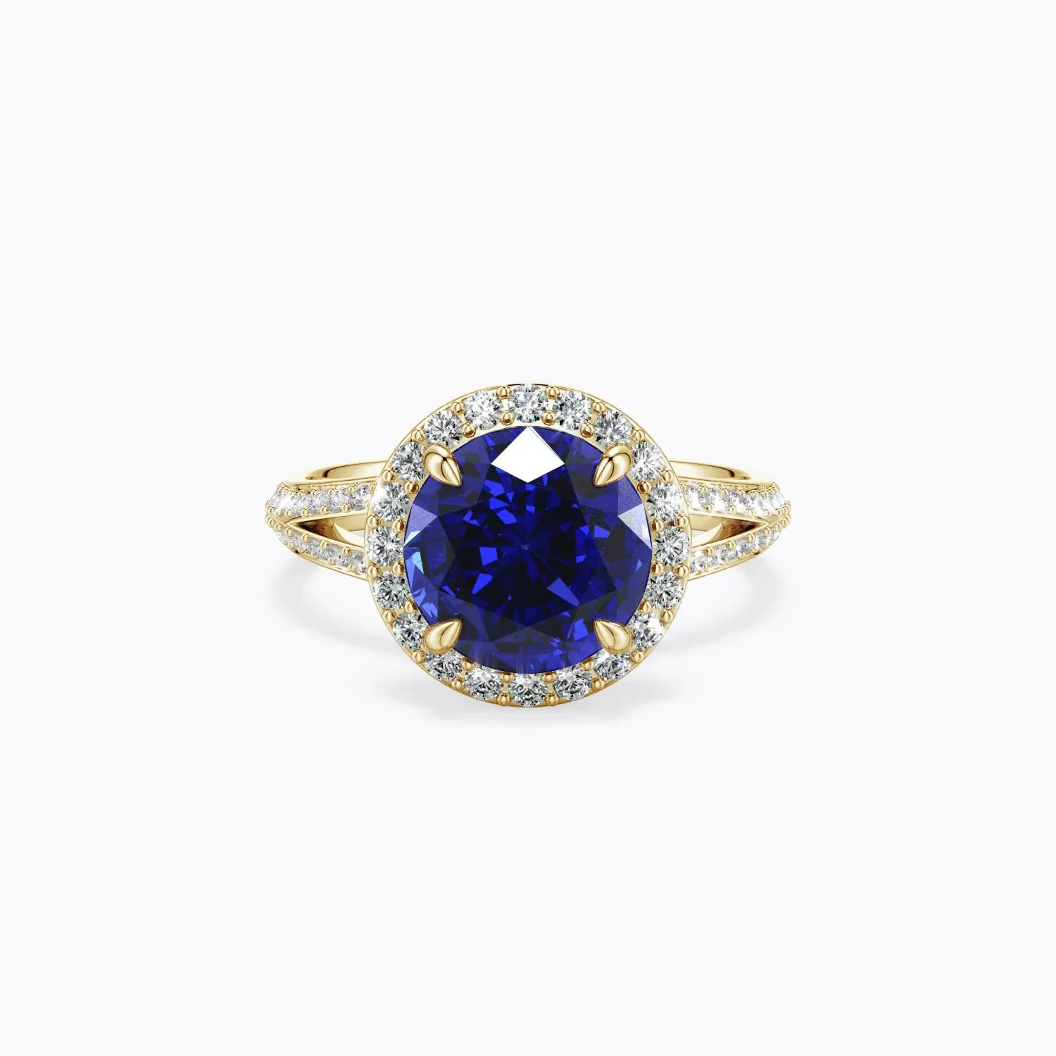 2.14 CTW Round Blue Sapphire Halo Engagement Ring with Accents in 14K Yellow Gold