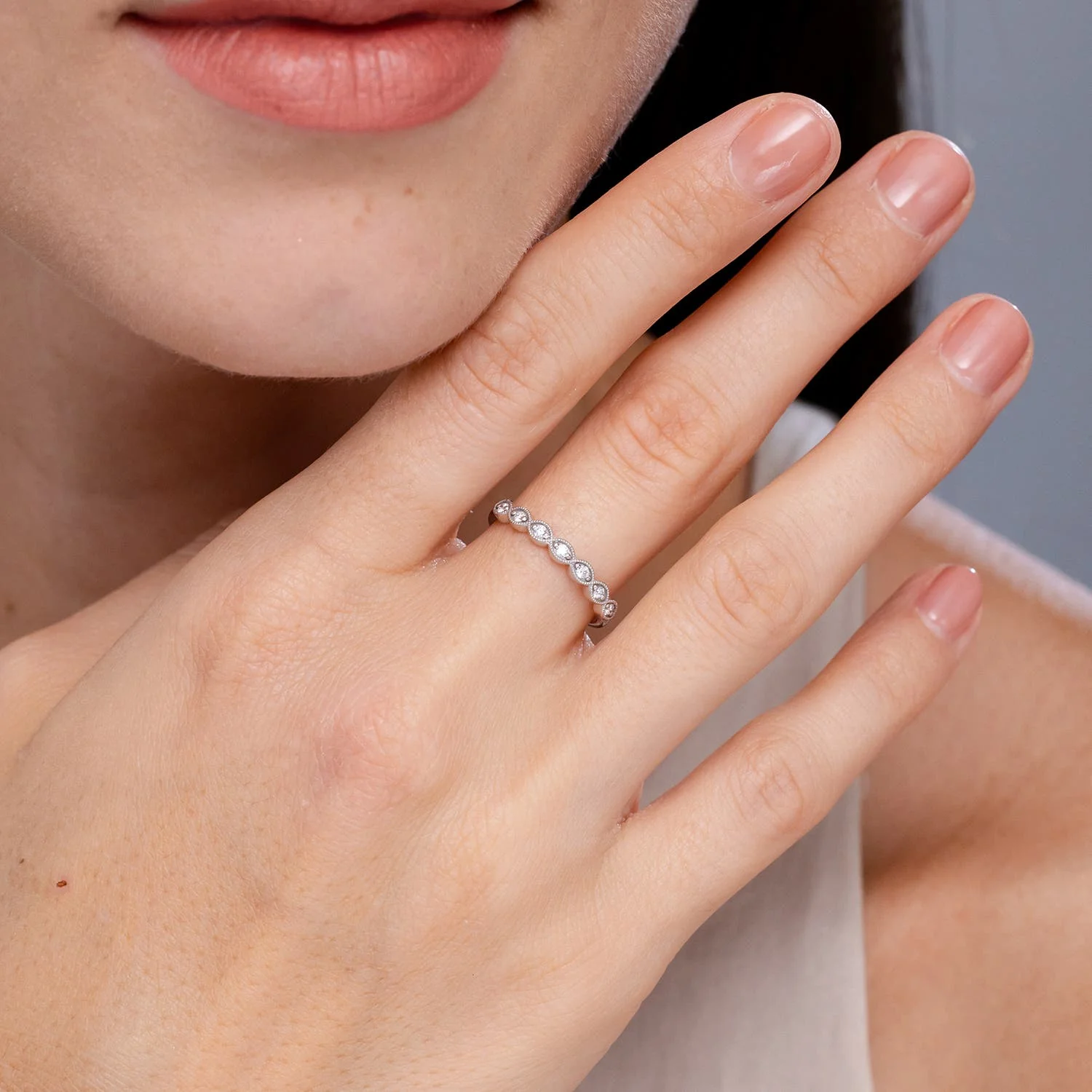 1.5 MM Pave Set Round Diamond Milgrain Wedding Ring in 18K White Gold - Image 5