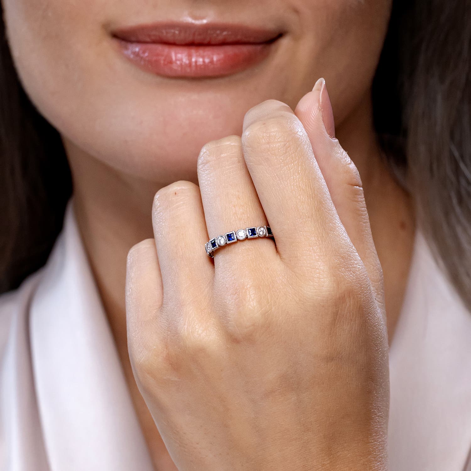 1.25 CTW Bezel-Set Square Sapphire and Round Diamond Ring in 14K White Gold - Image 8