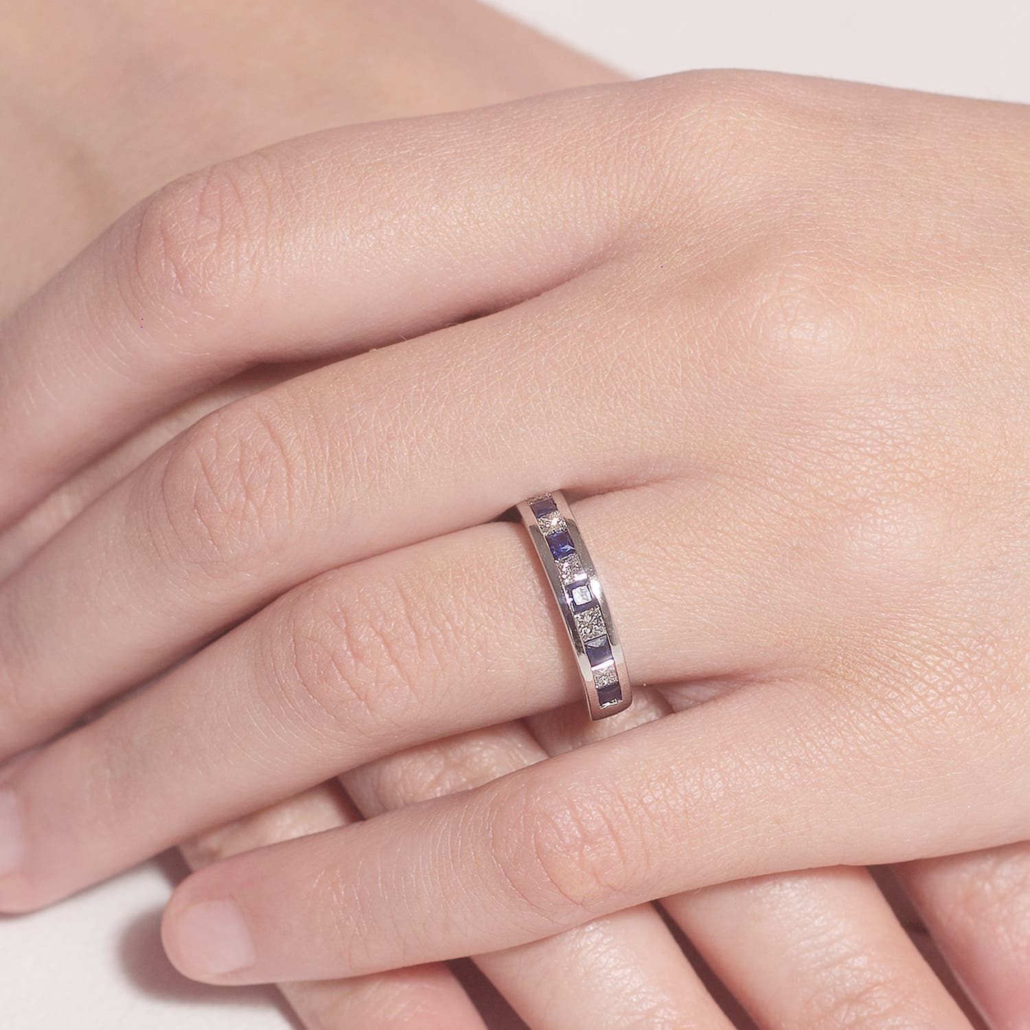 0.55 CTW Channel Square Sapphire and Diamond Half Eternity Ring in 18K White Gold - Image 5