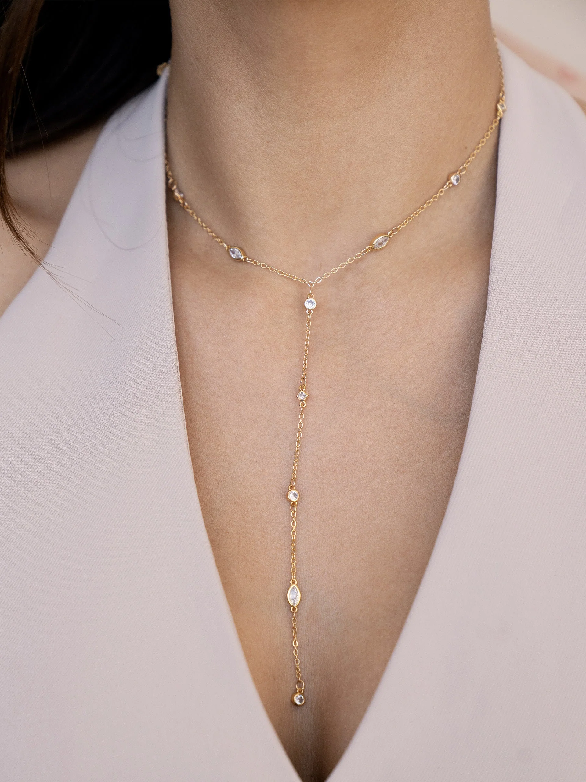 Simple Crystal Dot Lariat Necklace - Image 2