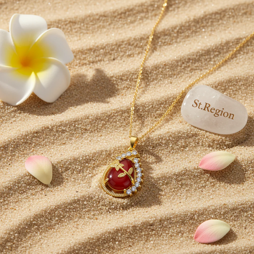 Red Quartz & 18K Gold-Plated Botanical Drop Pendant Necklace - Image 4