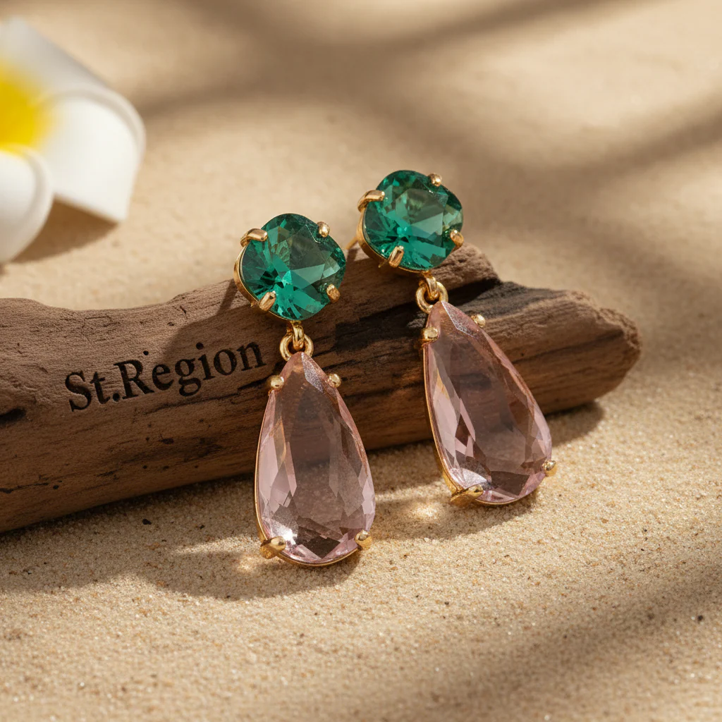 Green & Pink Crystal Goldtone Cushion Drop Earrings - Image 2