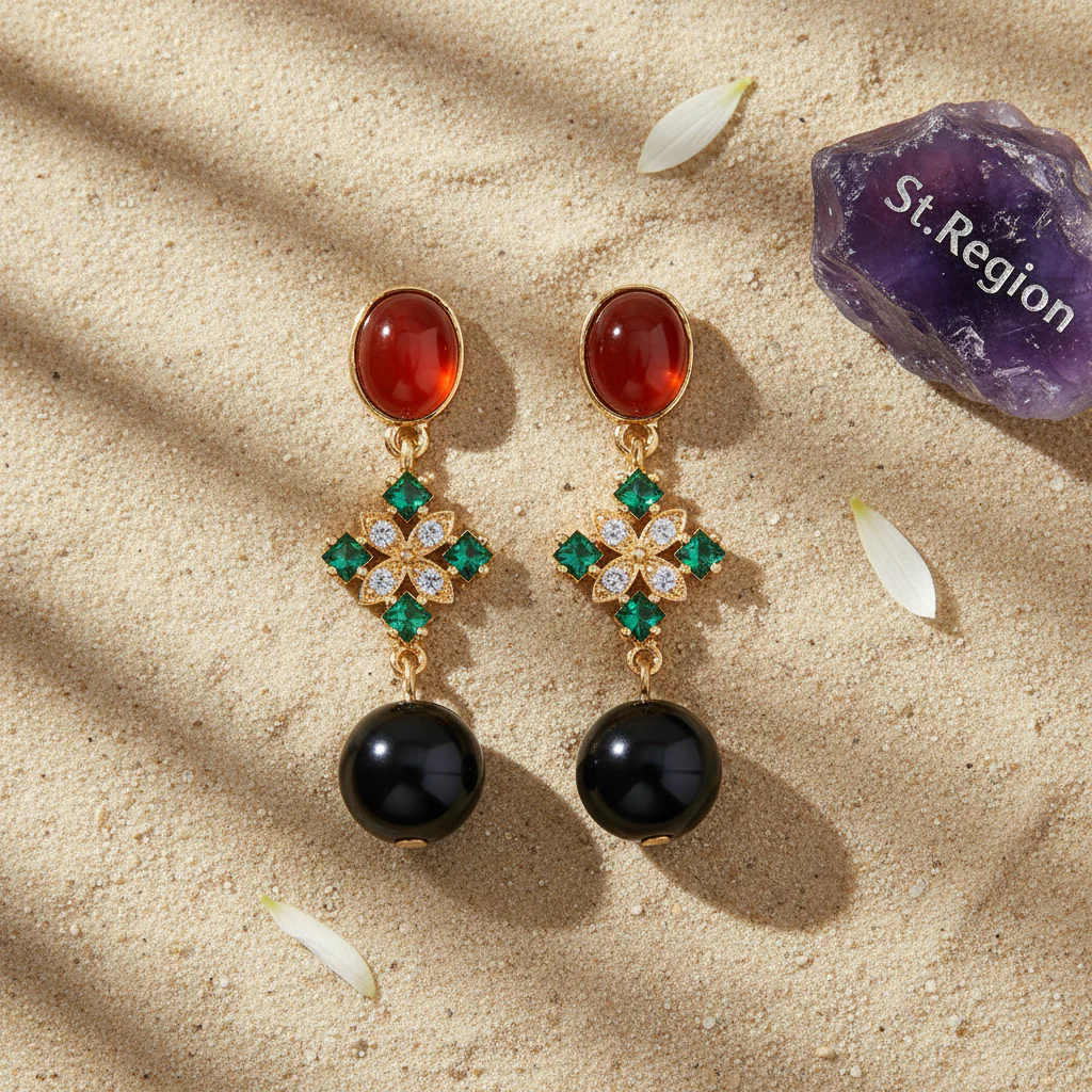 Red Resin & Green Crystal Goldtone Flower Ball Dangle Earrings - Image 3