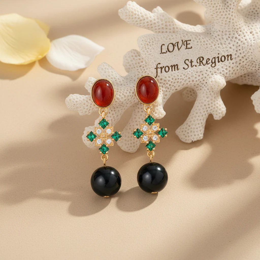 Red Resin & Green Crystal Goldtone Flower Ball Dangle Earrings - Image 4