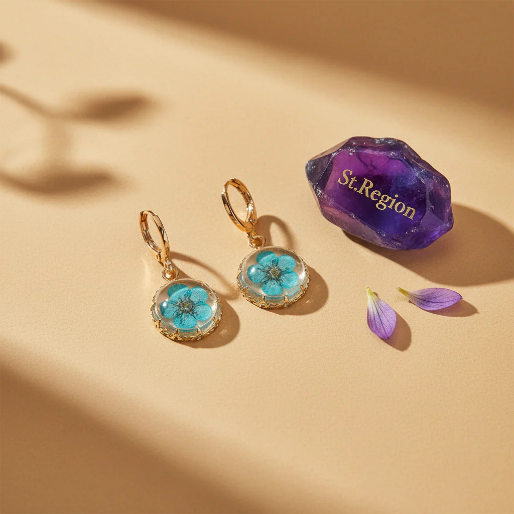 Light Blue Pressed Flower & Goldtone Round Huggie Earrings - Image 3